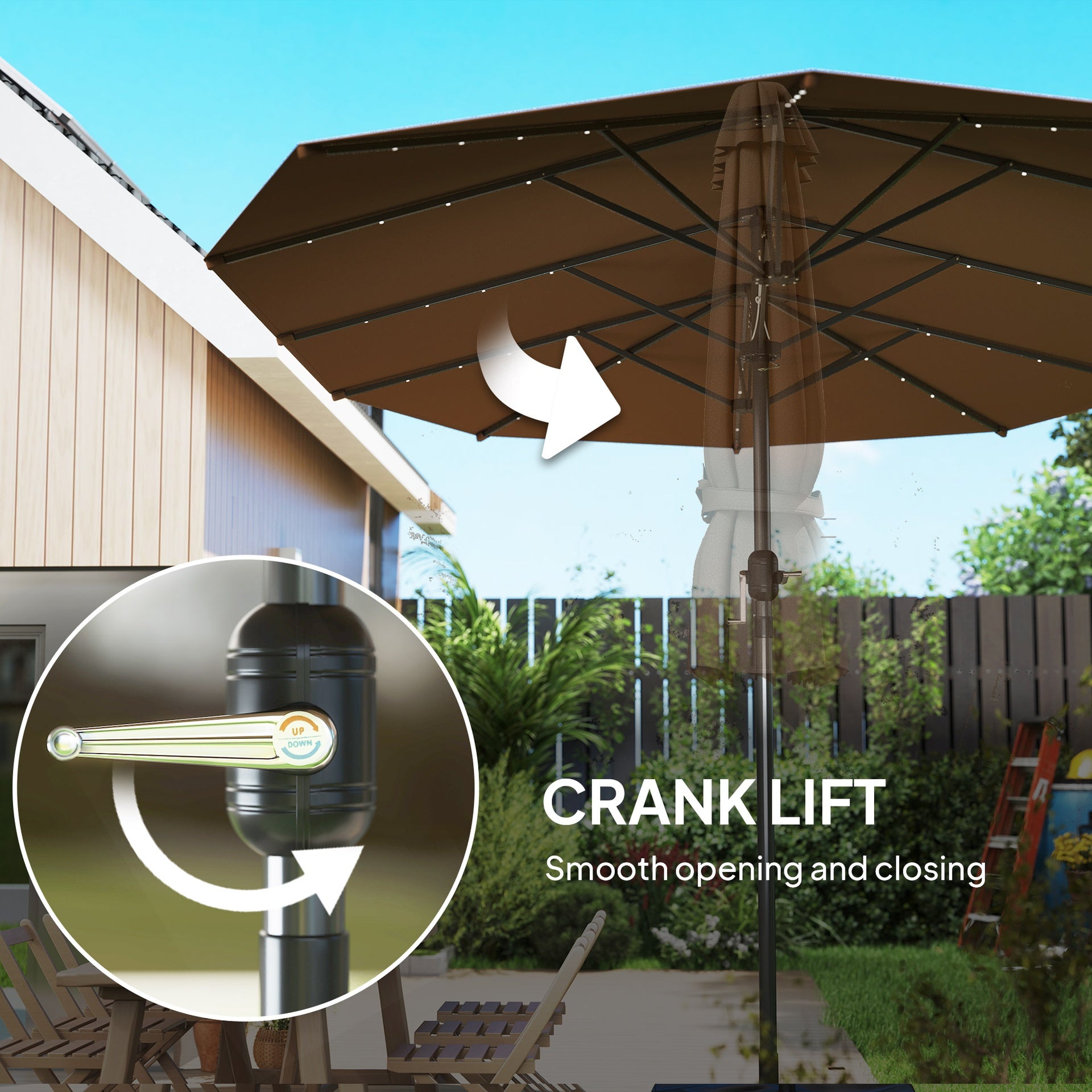 Outsunny Garden Parasol, Double-Sided Sun Umbrella with LED Solar Lights, Patio Parasol for Outdoor, Coffee