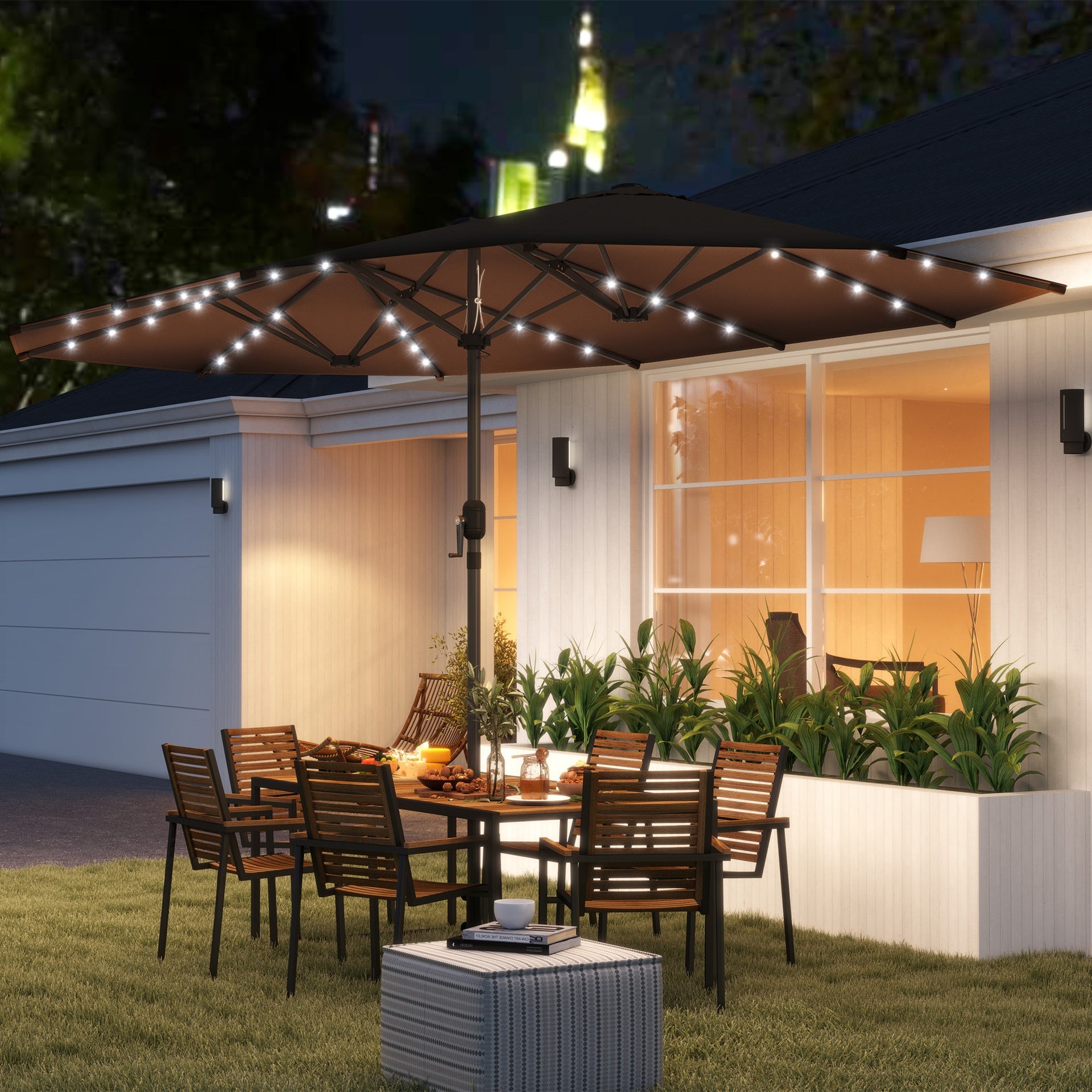 Outsunny Garden Parasol, Double-Sided Sun Umbrella with LED Solar Lights, Patio Parasol for Outdoor, Coffee