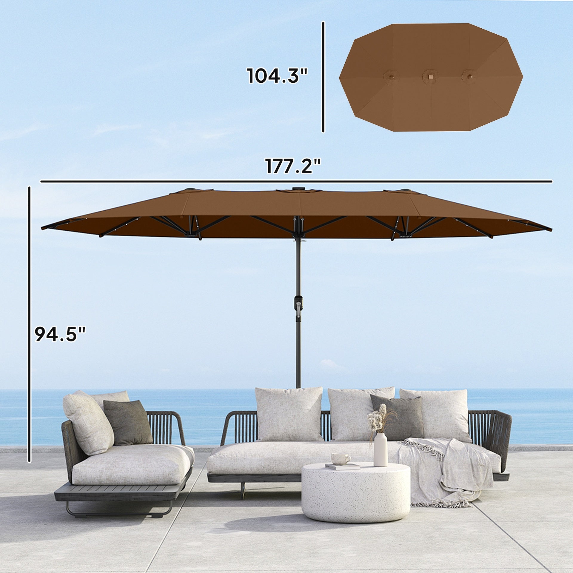 Outsunny Garden Parasol, Double-Sided Sun Umbrella with LED Solar Lights, Patio Parasol for Outdoor, Coffee