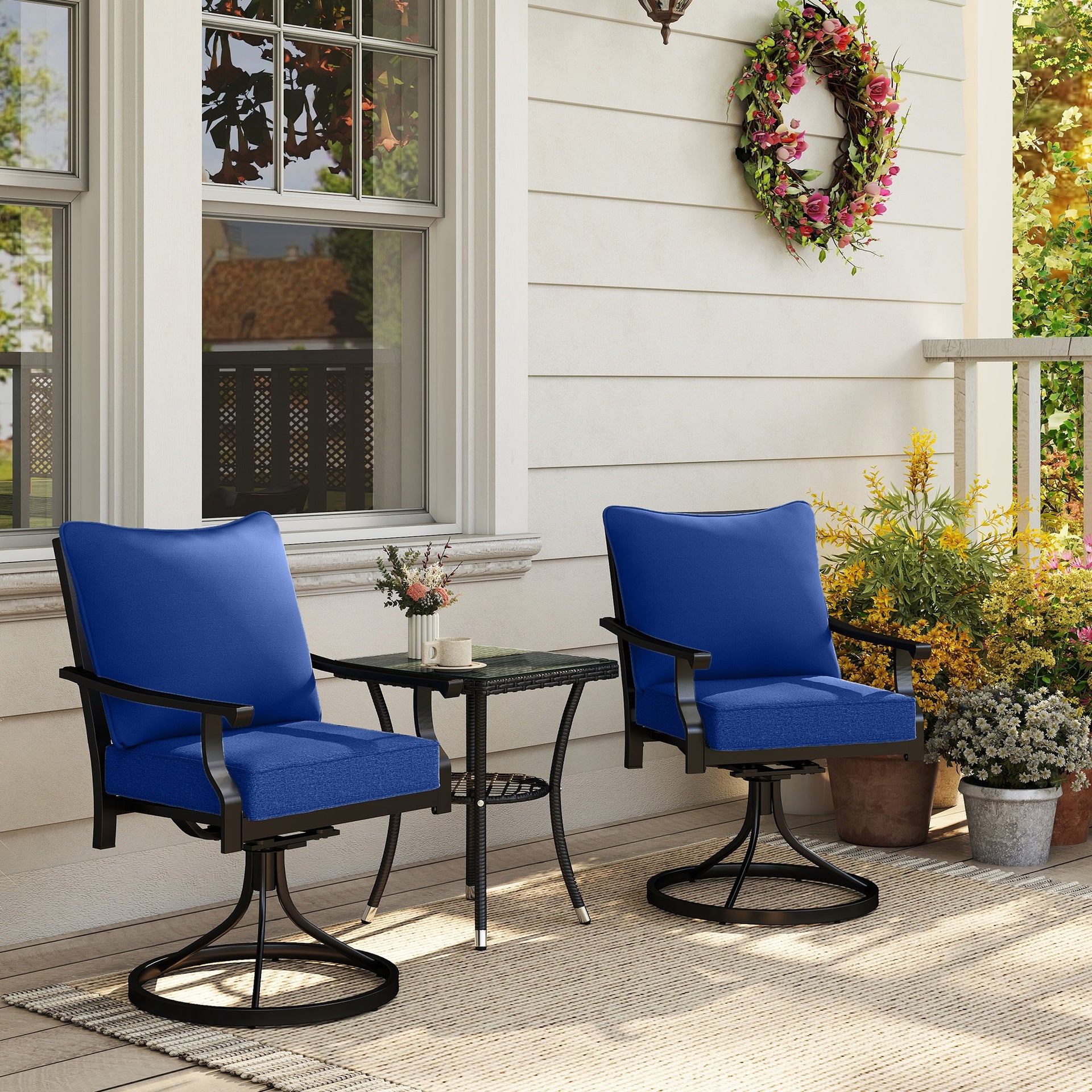 Outsunny Patio Chair Cushions Set of 2 with Seat & Backrest, Fade Resistant Seat Replacement Cushion Set, Navy Blue