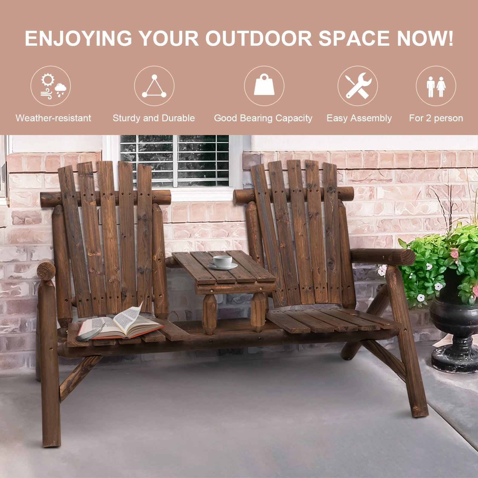 Outsunny Wood Adirondack Patio Chair Bench with Center Coffee Table, Perfect for Lounging and Relaxing Outdoors Carbonized