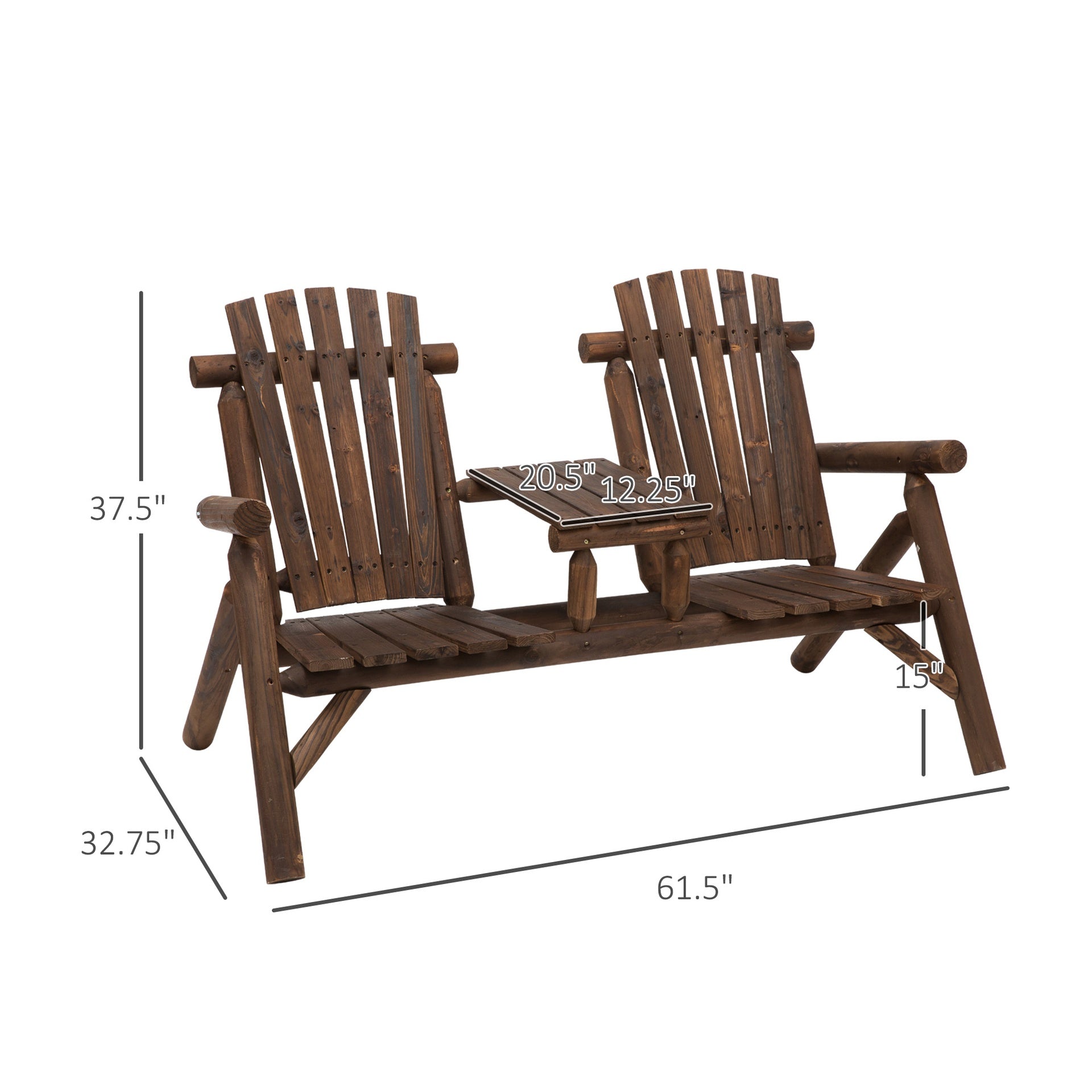 Outsunny Wood Adirondack Patio Chair Bench with Center Coffee Table, Perfect for Lounging and Relaxing Outdoors Carbonized