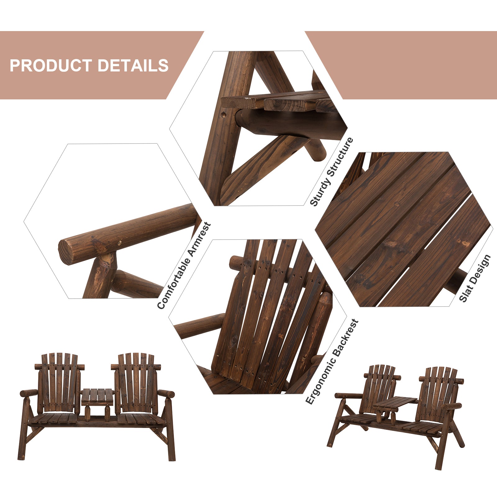 Outsunny Wood Adirondack Patio Chair Bench with Center Coffee Table, Perfect for Lounging and Relaxing Outdoors Carbonized