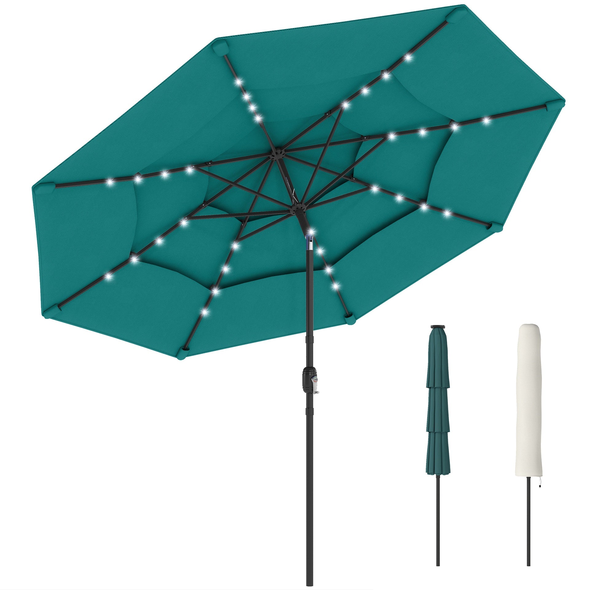 Outsunny 9.7 ft Outdoor Patio Umbrella with Solar LED Lights, 3 Tier Outdoor Table Umbrella with Tilt, Crank, Teal