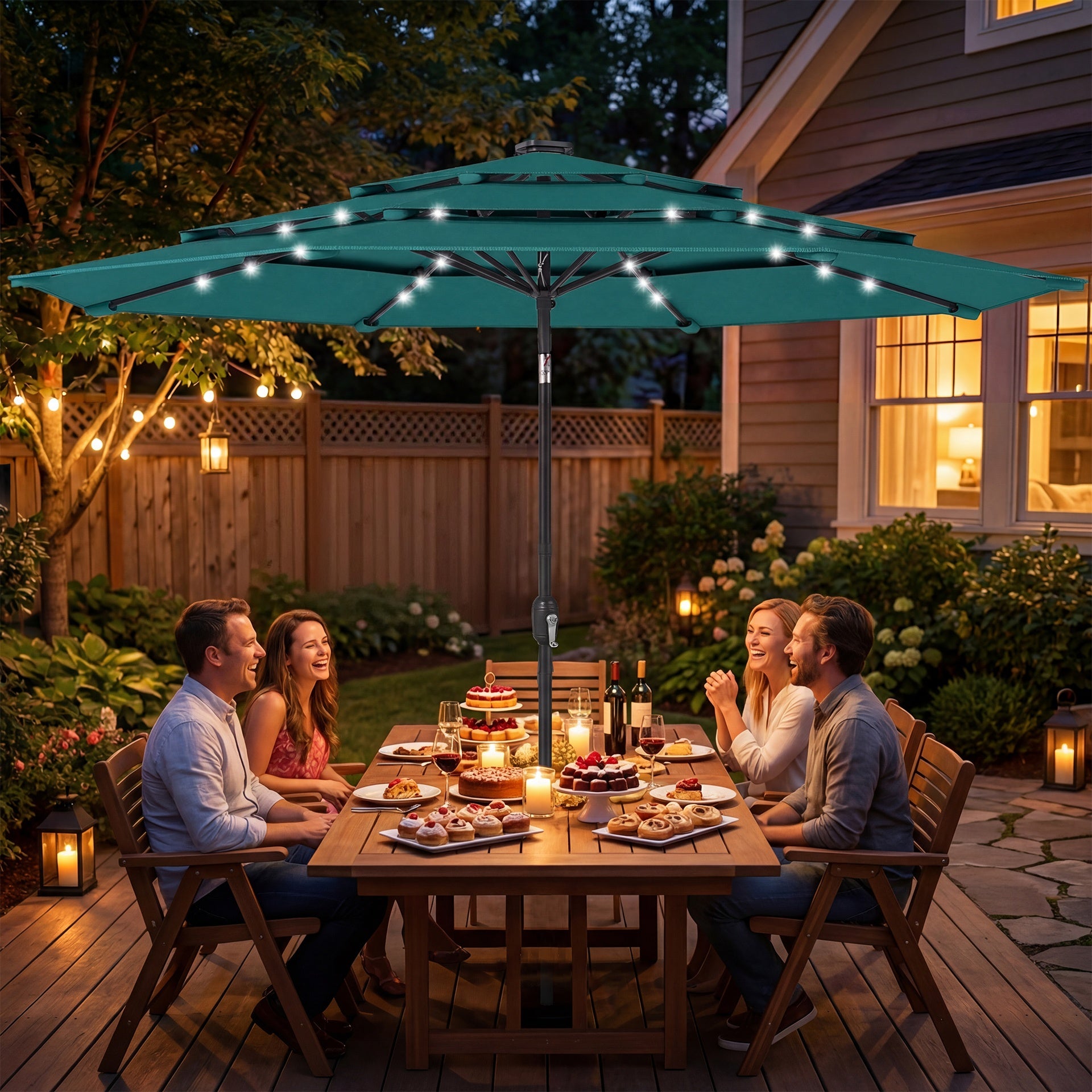 Outsunny 9.7 ft Outdoor Patio Umbrella with Solar LED Lights, 3 Tier Outdoor Table Umbrella with Tilt, Crank, Teal