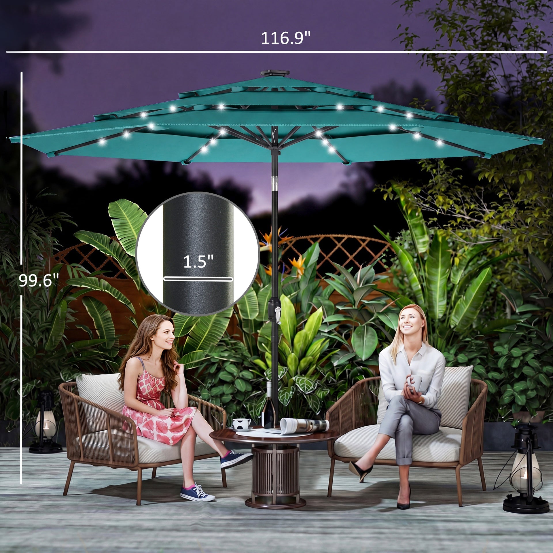 Outsunny 9.7 ft Outdoor Patio Umbrella with Solar LED Lights, 3 Tier Outdoor Table Umbrella with Tilt, Crank, Teal