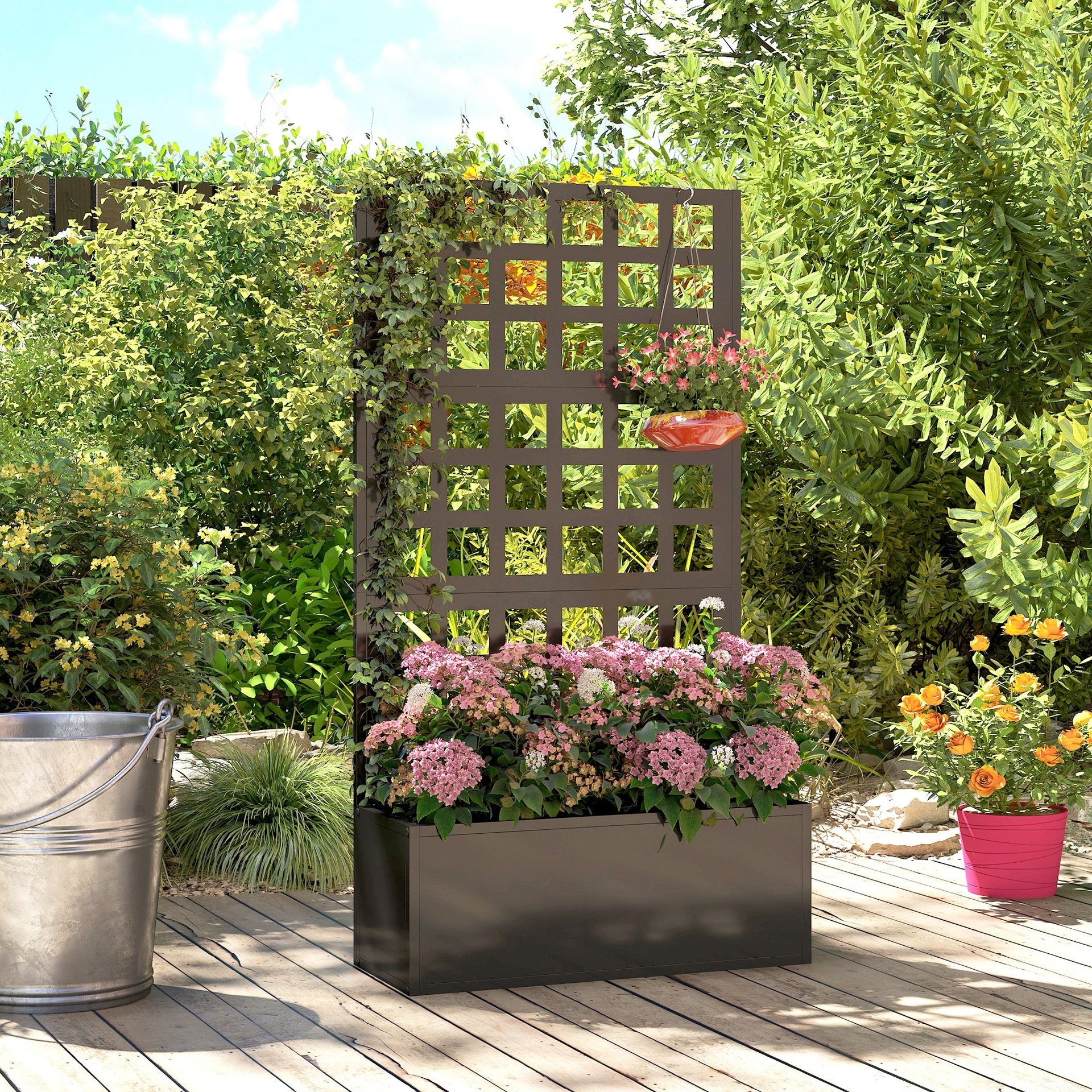 Outsunny Galvanized Raised Garden Bed Planter Box with Trellis for Climbing Plants, Vegetable, Vines, 24" x 9" x 44.5", Black