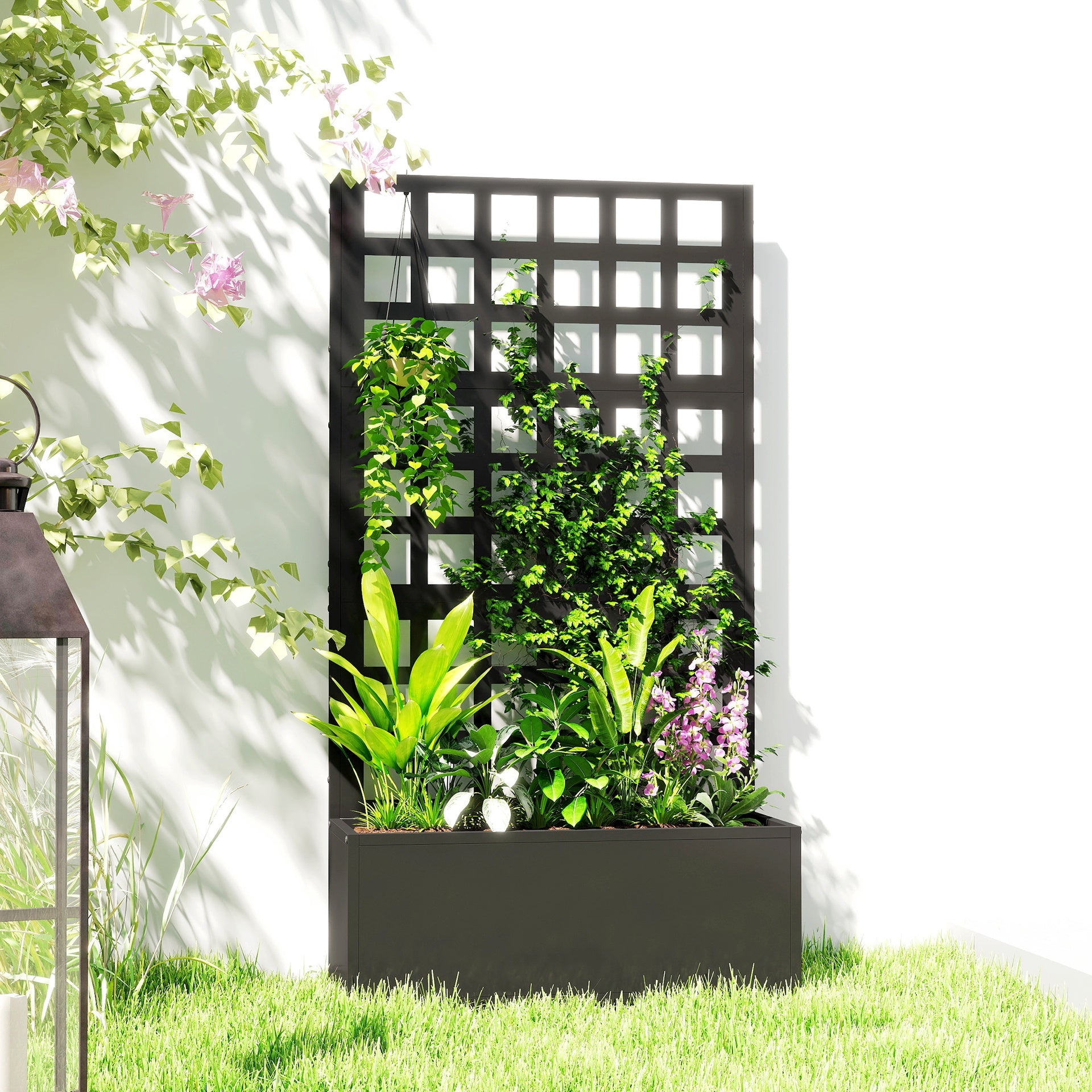 Outsunny Galvanized Raised Garden Bed Planter Box with Trellis for Climbing Plants, Vegetable, Vines, 24" x 9" x 44.5", Black