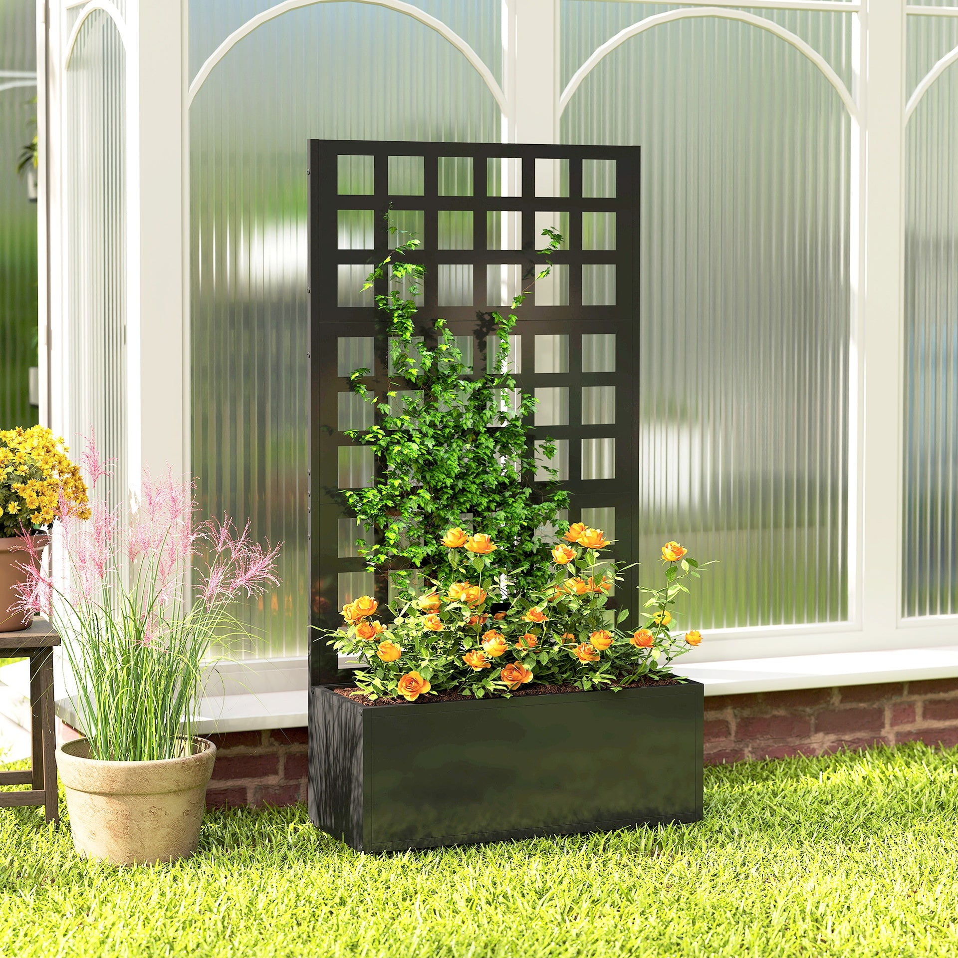 Outsunny Galvanized Raised Garden Bed Planter Box with Trellis for Climbing Plants, Vegetable, Vines, 24" x 9" x 44.5", Black