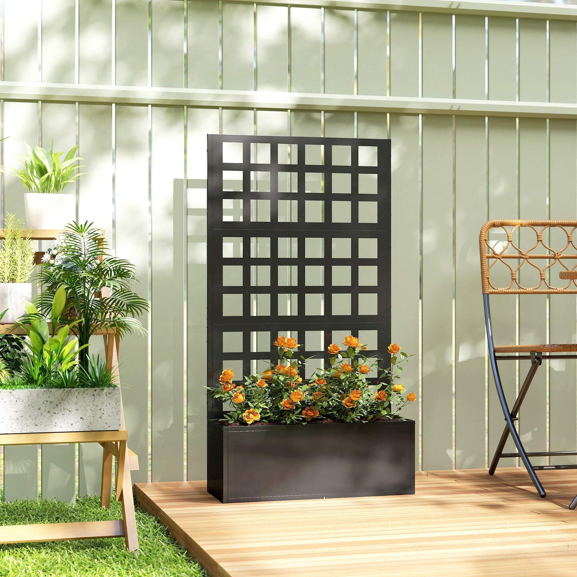 Outsunny Galvanized Raised Garden Bed Planter Box with Trellis for Climbing Plants, Vegetable, Vines, 24" x 9" x 44.5", Black