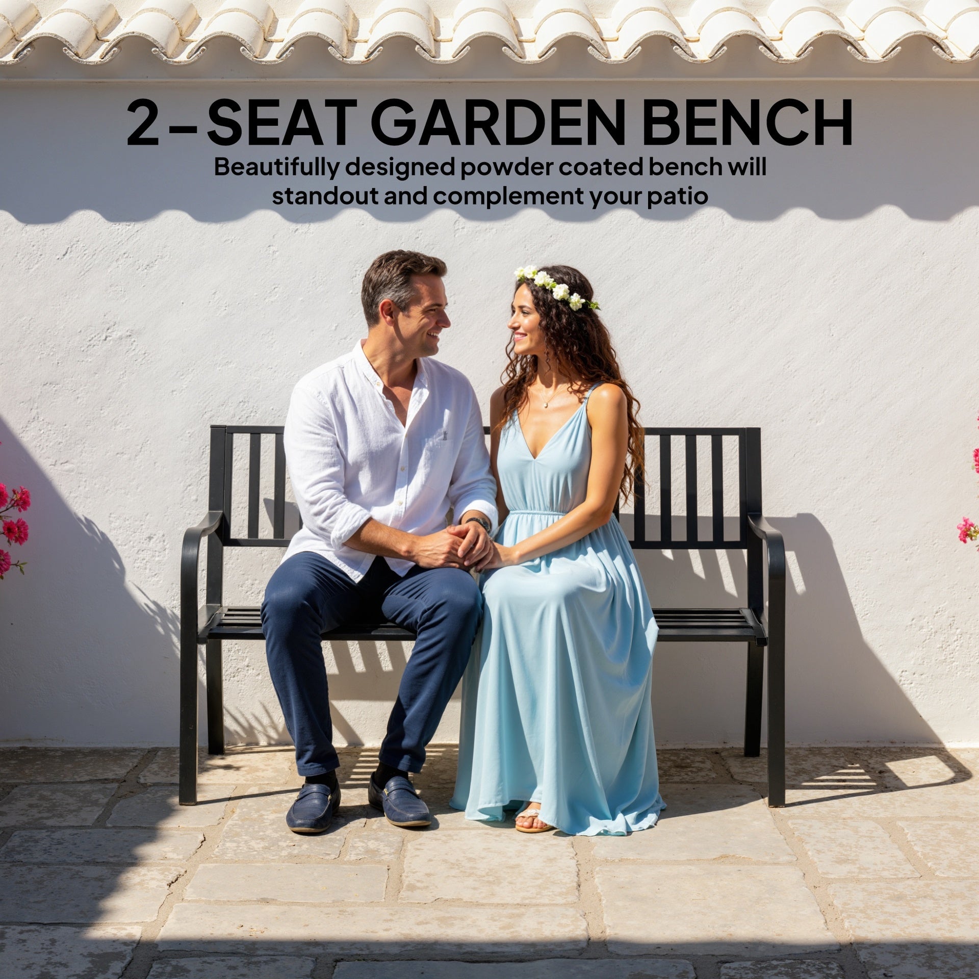 Outsunny 50" Outdoor Garden Bench, Patio Bench with Slatted Seat, Metal Porch Bench for Backyard, Poolside, Lawn, Black