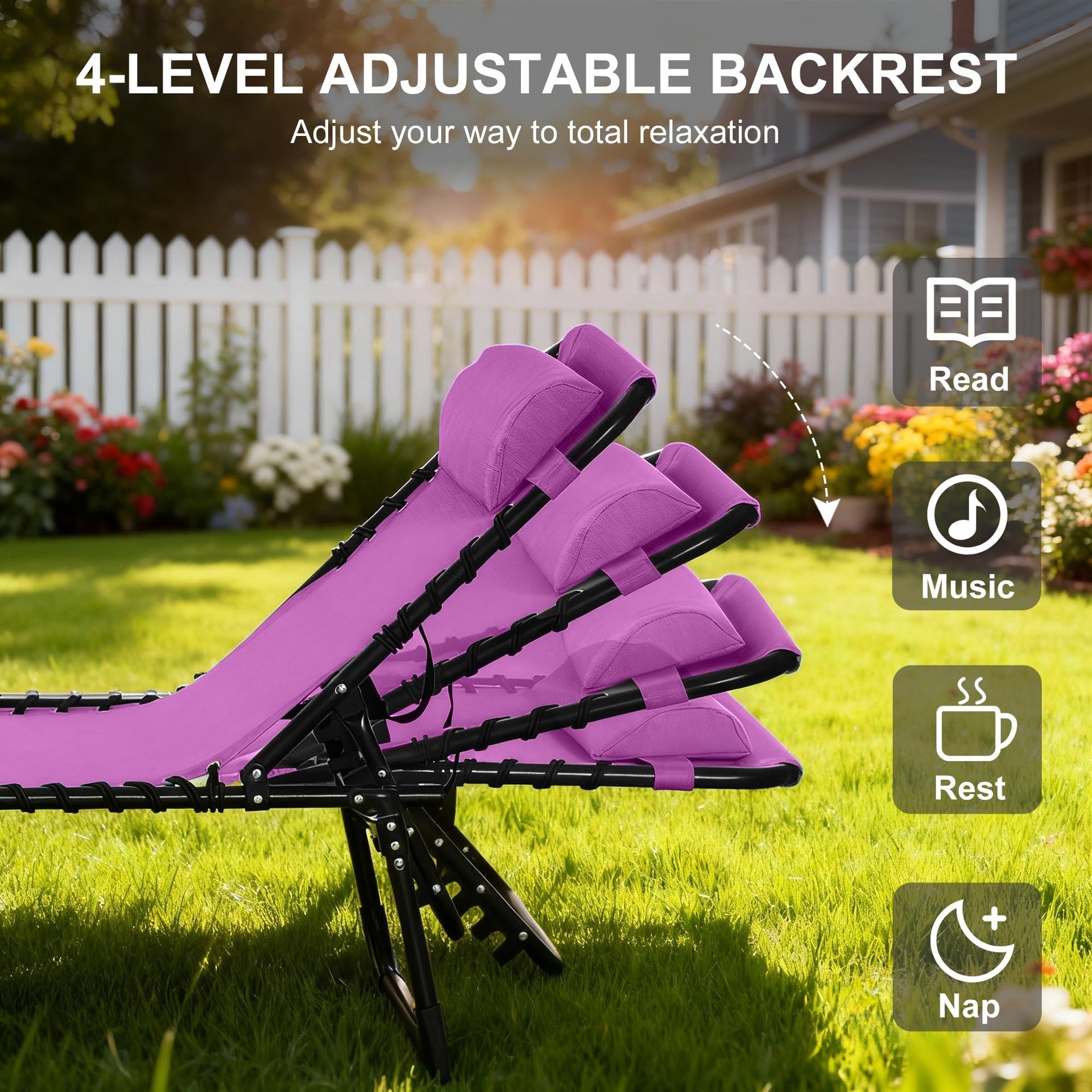 Outsunny Folding Chaise Lounge Pool Chair with 4-Position Reclining Back, Pillow, Breathable Mesh & Bungee Seat, Purple