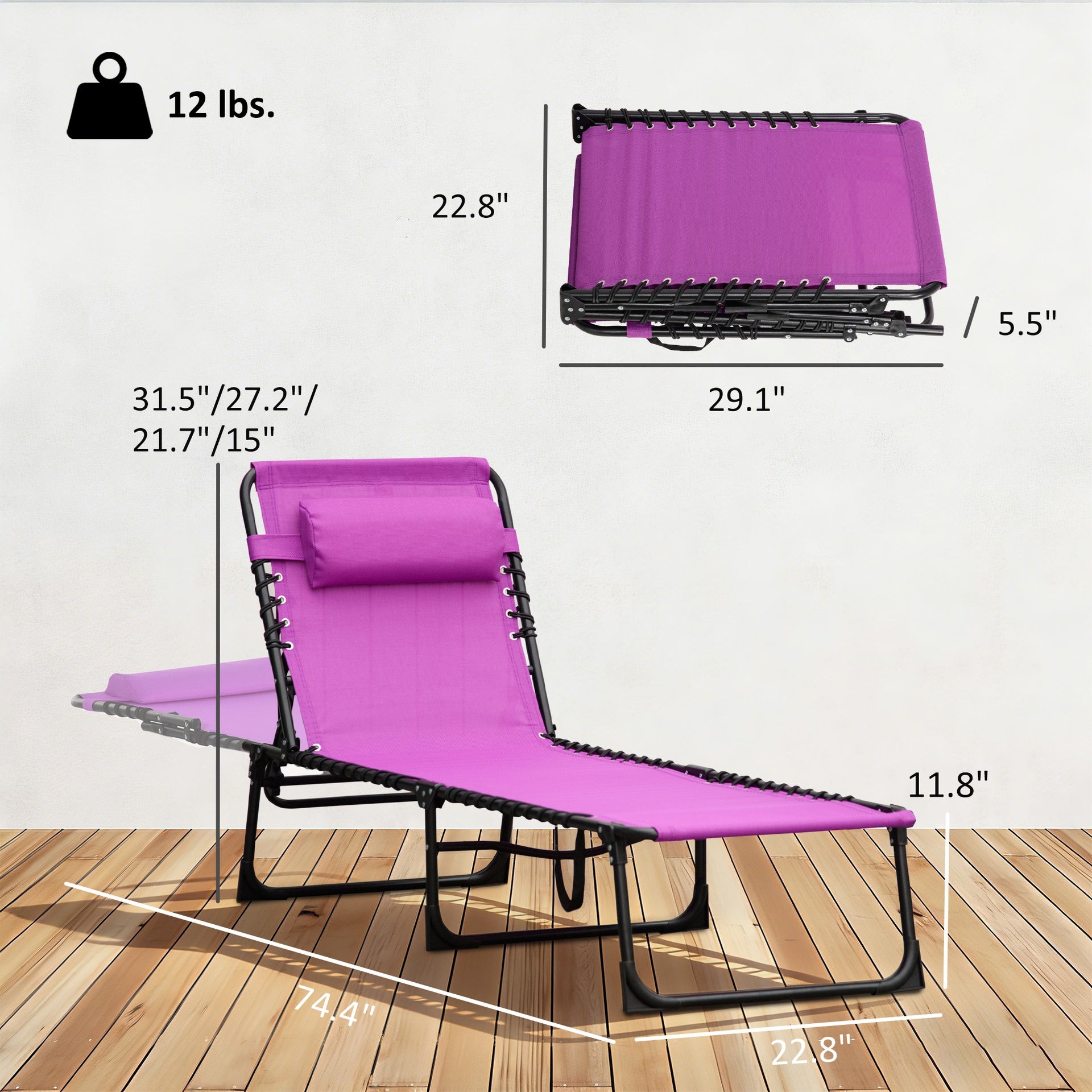 Outsunny Folding Chaise Lounge Pool Chair with 4-Position Reclining Back, Pillow, Breathable Mesh & Bungee Seat, Purple