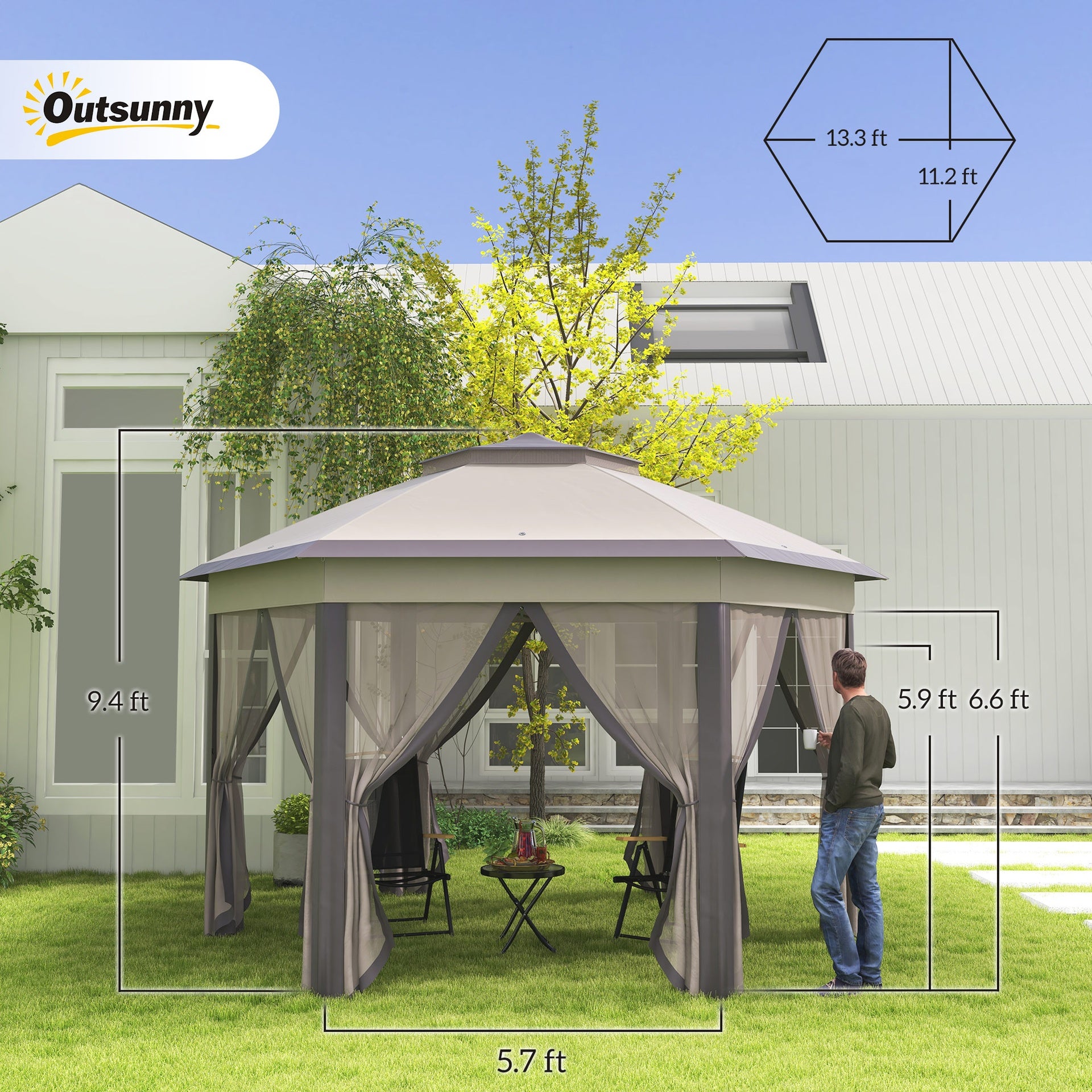 Outsunny 13' x 13' Pop Up Gazebo Hexagonal Canopy Shelter with 6 Zippered Mesh Netting for Patio Backyard Garden Wedding Party