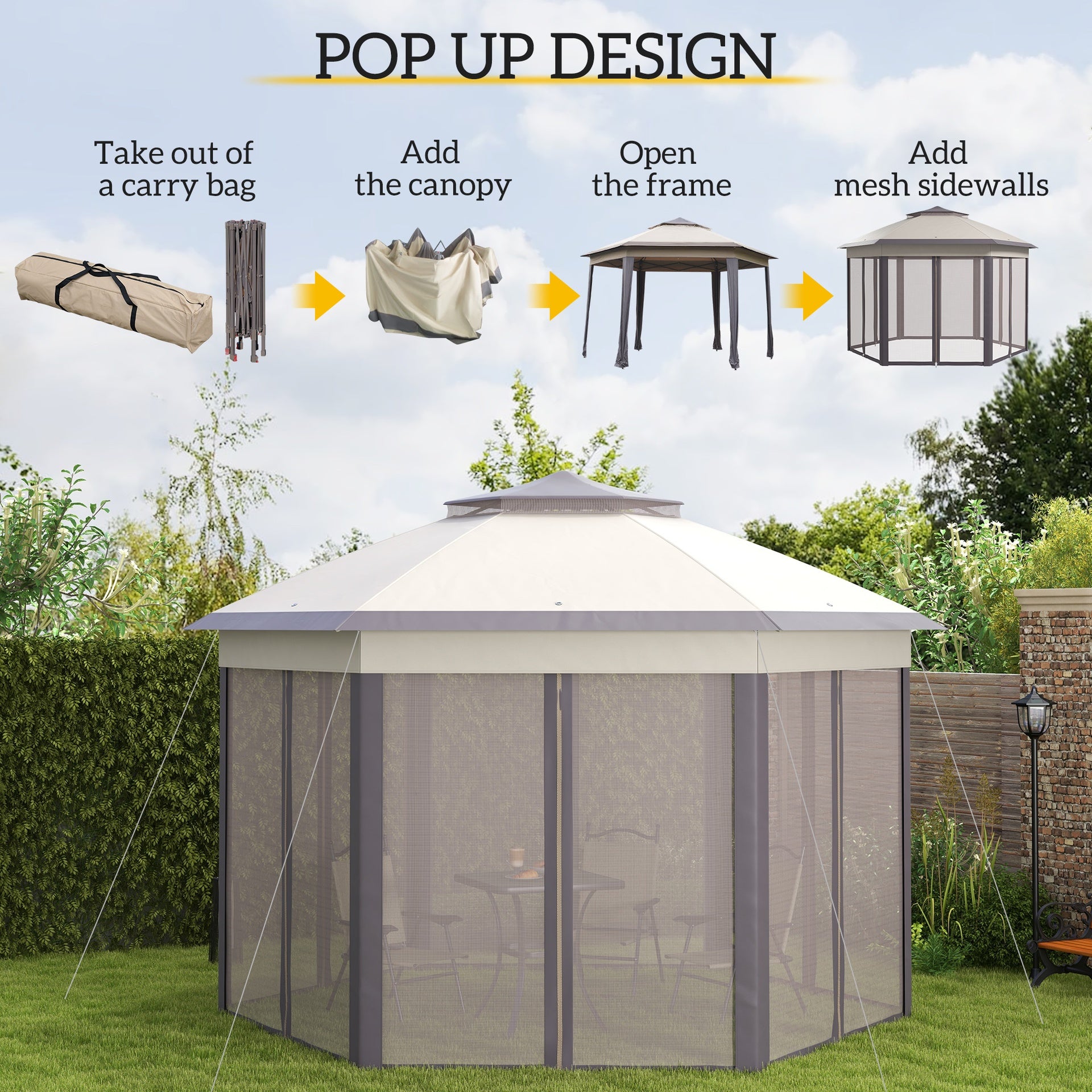 Outsunny 13' x 13' Pop Up Gazebo Hexagonal Canopy Shelter with 6 Zippered Mesh Netting for Patio Backyard Garden Wedding Party