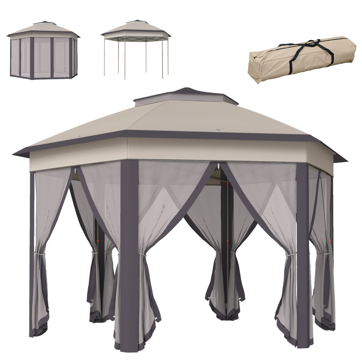 Outsunny 13' x 13' Pop Up Gazebo Hexagonal Canopy Shelter with 6 Zippered Mesh Netting for Patio Backyard Garden Wedding Party