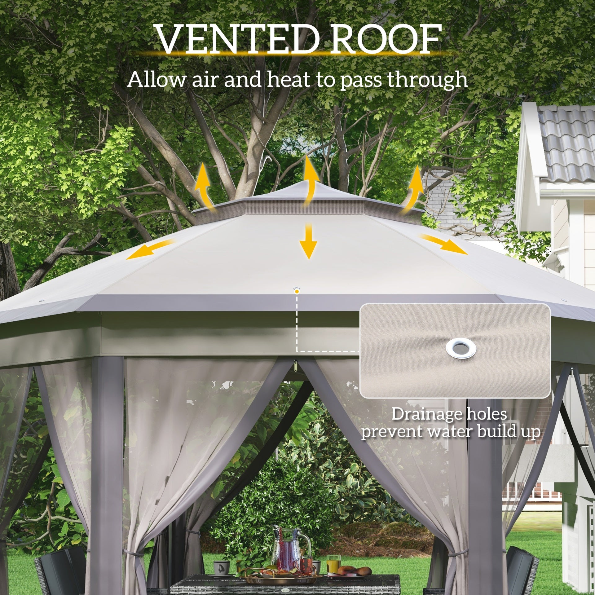 Outsunny 13' x 13' Pop Up Gazebo Hexagonal Canopy Shelter with 6 Zippered Mesh Netting for Patio Backyard Garden Wedding Party