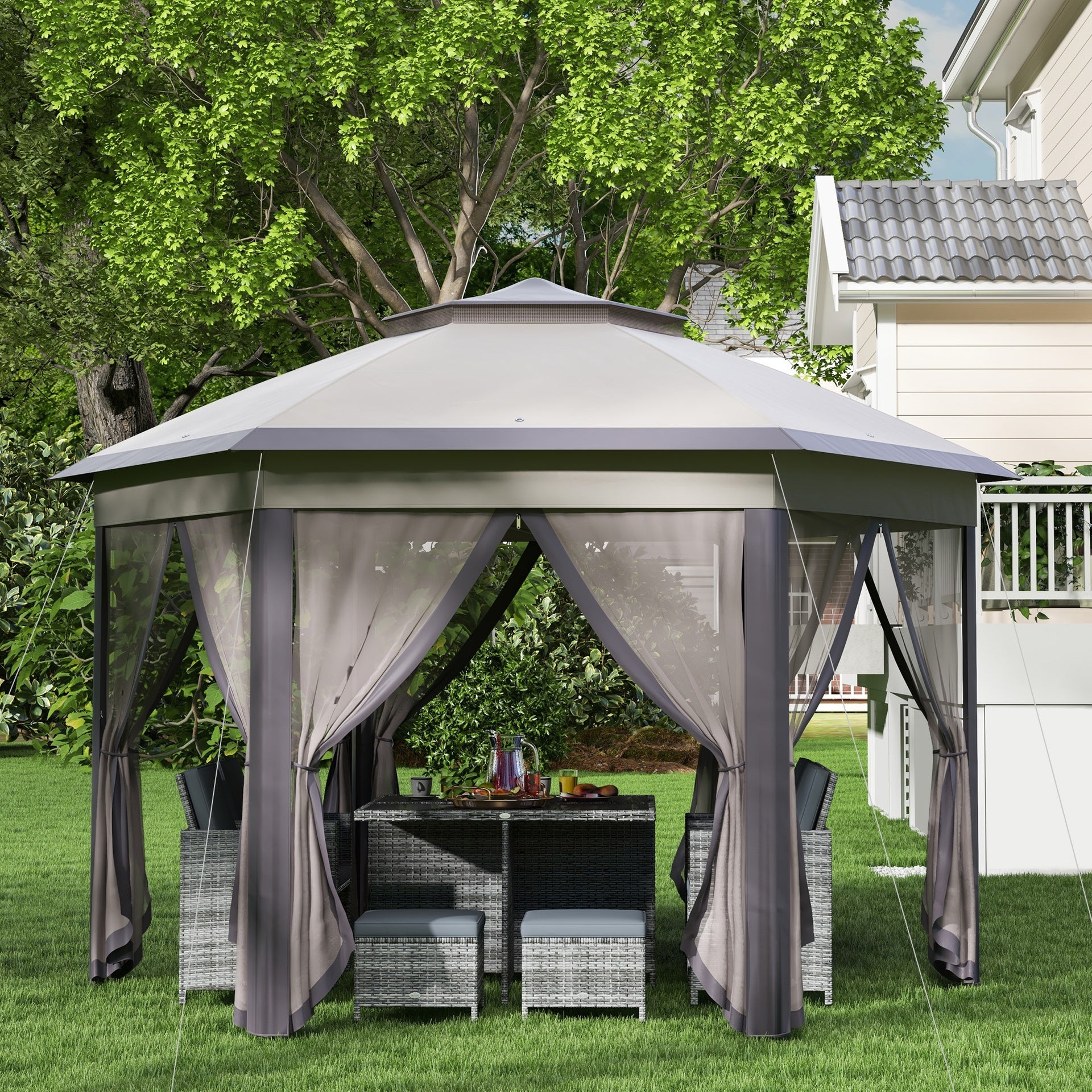 Outsunny 13' x 13' Pop Up Gazebo Hexagonal Canopy Shelter with 6 Zippered Mesh Netting for Patio Backyard Garden Wedding Party