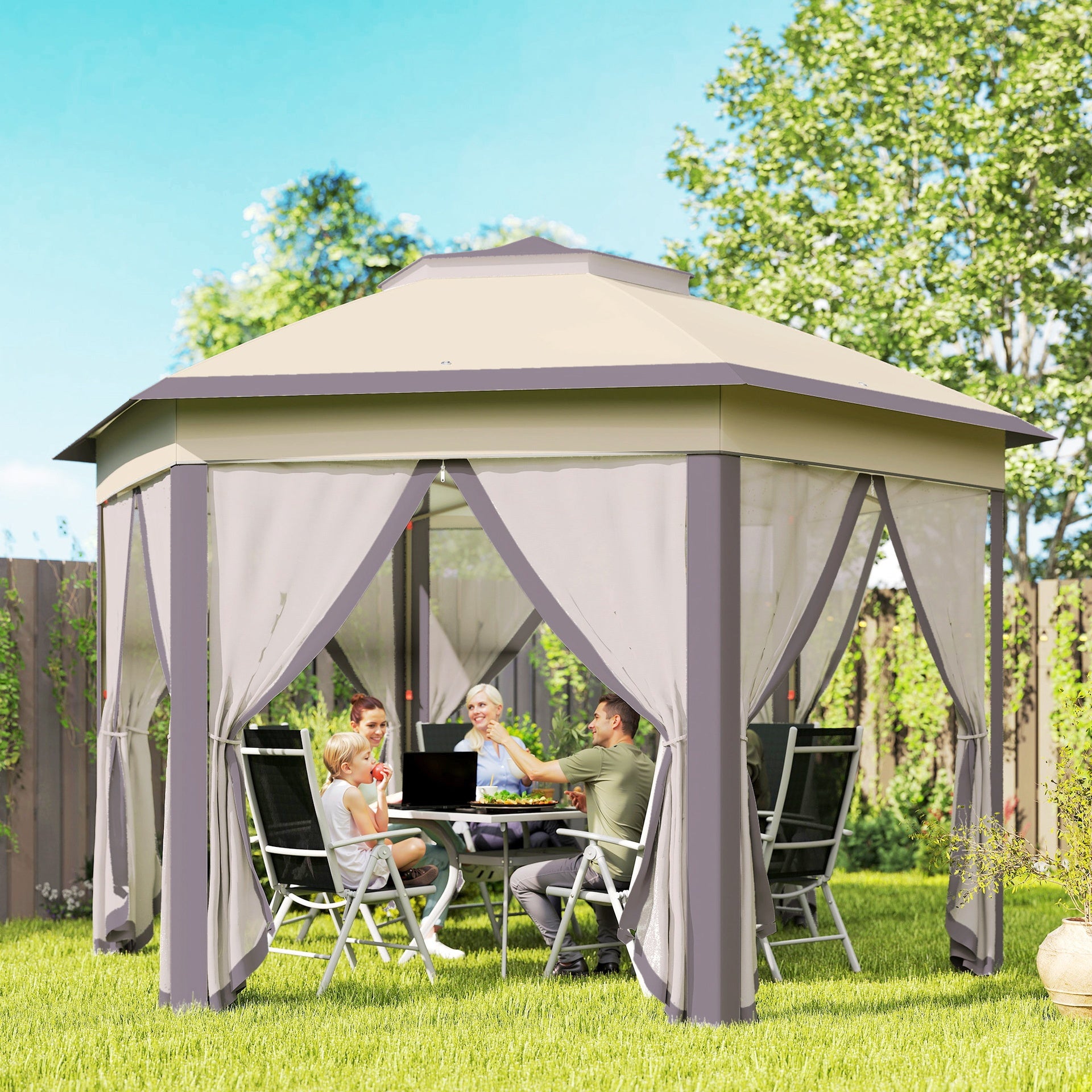 Outsunny 13' x 13' Pop Up Gazebo Hexagonal Canopy Shelter with 6 Zippered Mesh Netting for Patio Backyard Garden Wedding Party