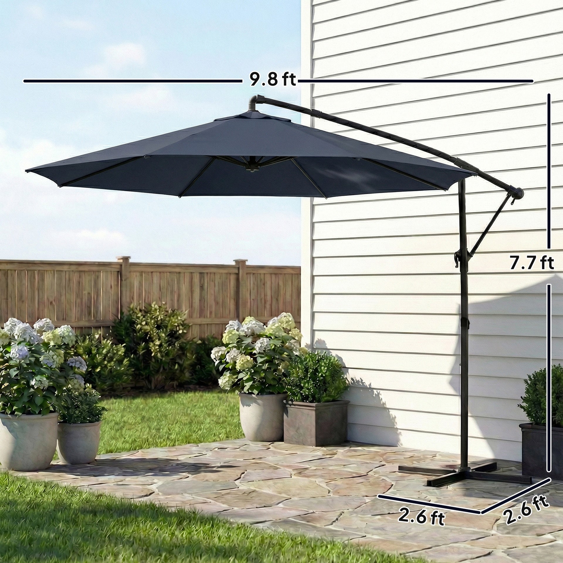 Outsunny 10 ft Offset Patio Umbrella with Cover, Hanging Cantilever Umbrella with 360° Rotation, Crank Handle, Tilt, Navy Blue