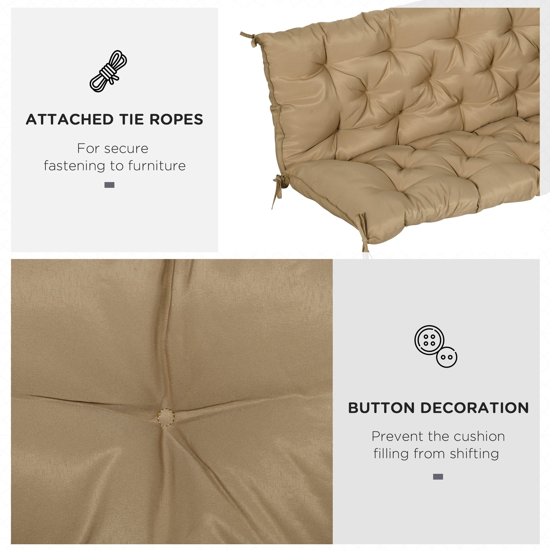 Outsunny 59" x 38" Tufted Bench Cushion for Outdoor Furniture, 3-Seater Replacement for Swing Chair, Patio Sofa/Couch, Khaki