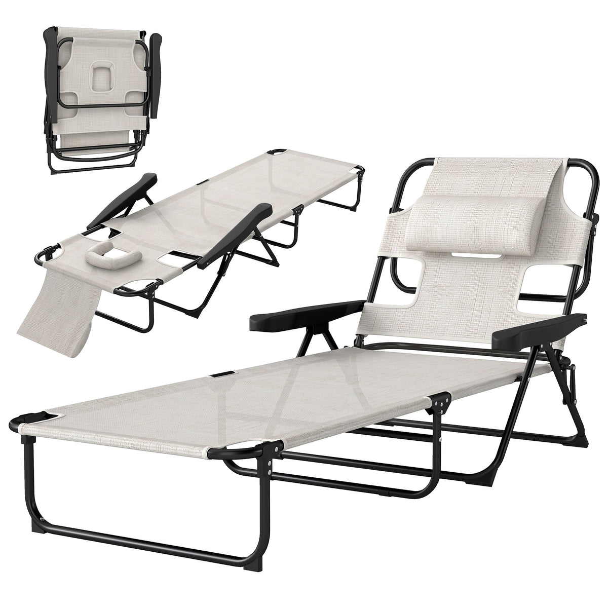 Outsunny Folding Lounge Chair w/ Reclining Back, Cream White