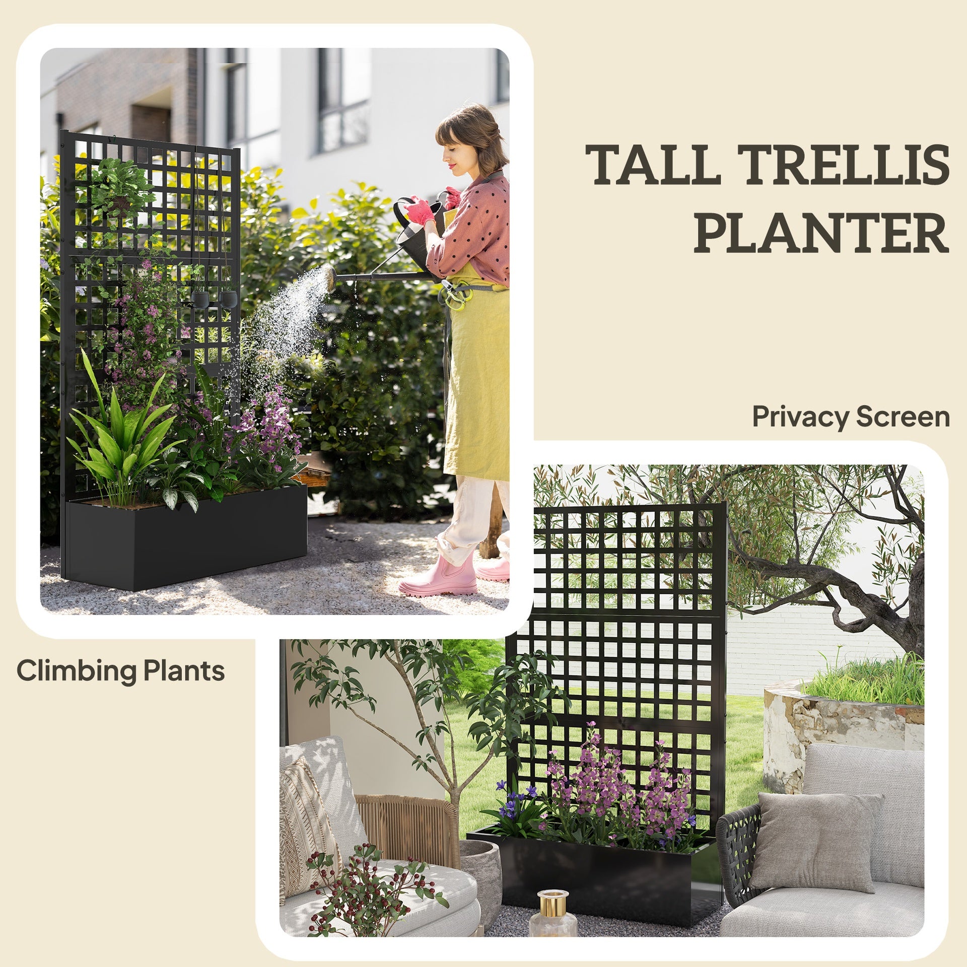 Outsunny Galvanized Raised Garden Bed Planter Box with Trellis for Climbing Plants, Vegetable, Vines, 43" x 16" x 70", Black