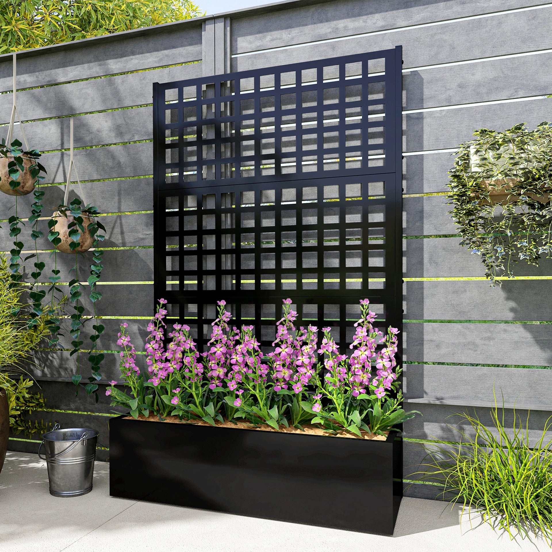 Outsunny Galvanized Raised Garden Bed Planter Box with Trellis for Climbing Plants, Vegetable, Vines, 43" x 16" x 70", Black