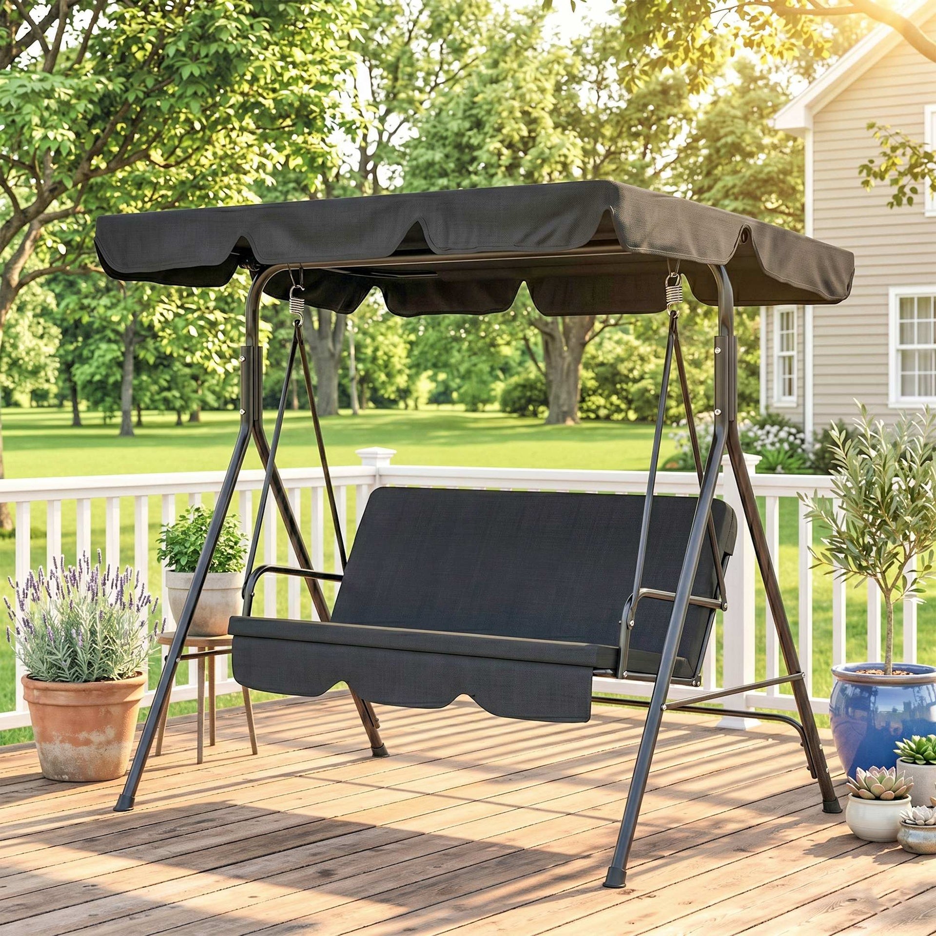 Outsunny 3-Seat Outdoor Patio Swing Chair w/ Cushion, Steel Frame Stand, Adjustable Tilt Canopy for Patio, Garden, Black 2