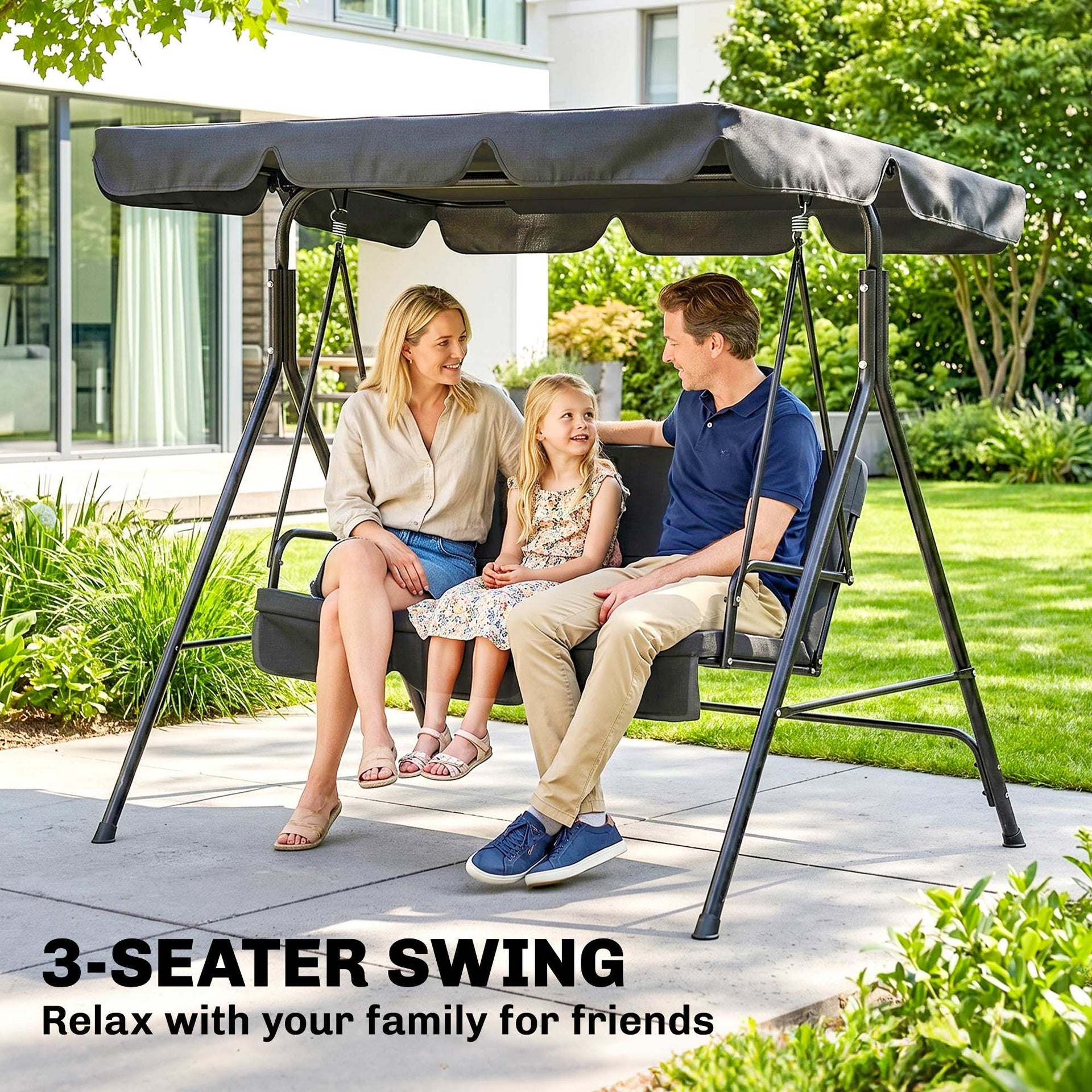 Outsunny 3-Seat Outdoor Patio Swing Chair w/ Cushion, Steel Frame Stand, Adjustable Tilt Canopy for Patio, Garden, Black 2