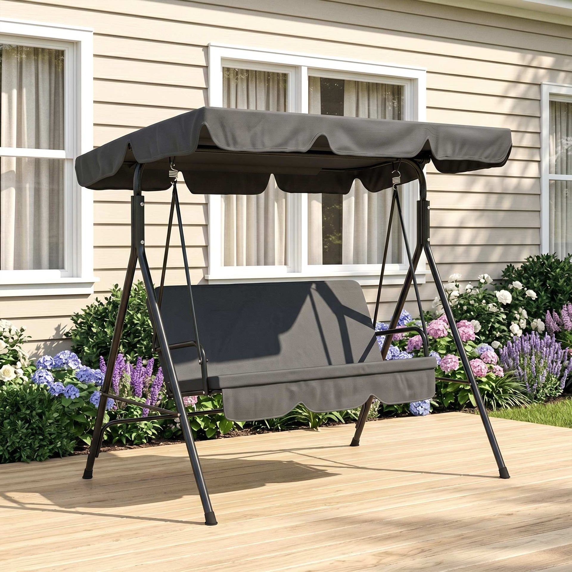 Outsunny 3-Seat Outdoor Patio Swing Chair w/ Cushion, Steel Frame Stand, Adjustable Tilt Canopy for Patio, Garden, Black 2