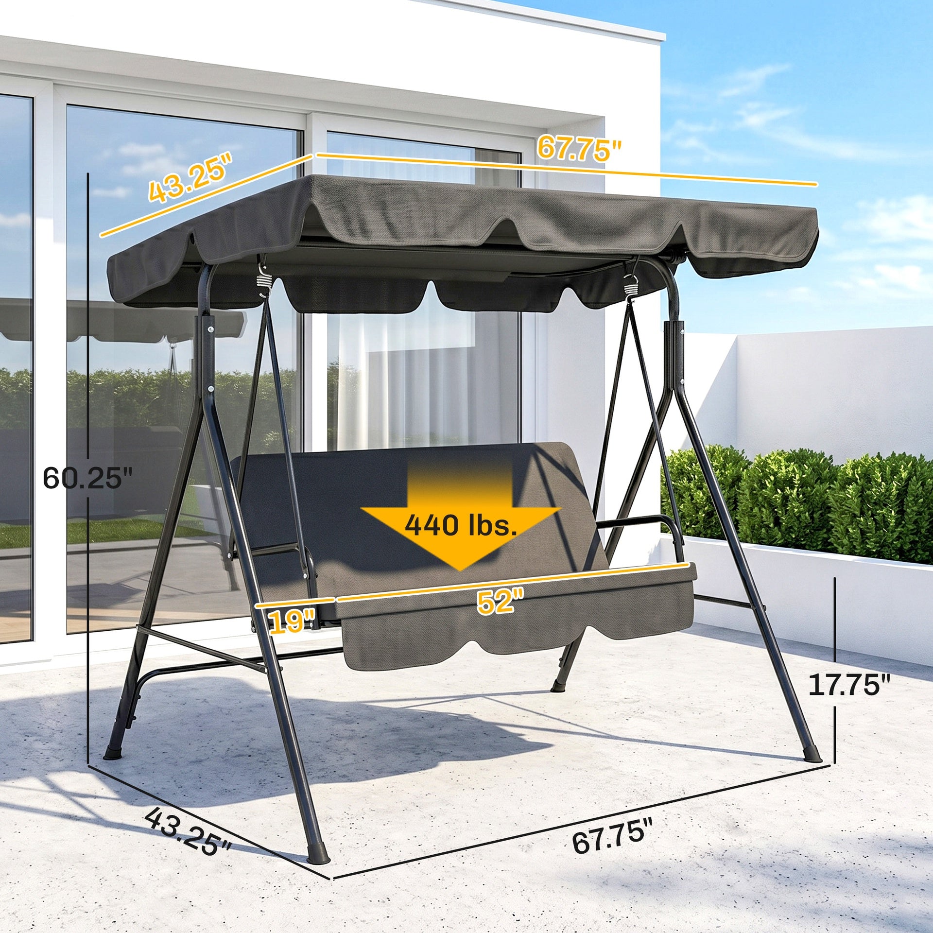Outsunny 3-Seat Outdoor Patio Swing Chair w/ Cushion, Steel Frame Stand, Adjustable Tilt Canopy for Patio, Garden, Black 2