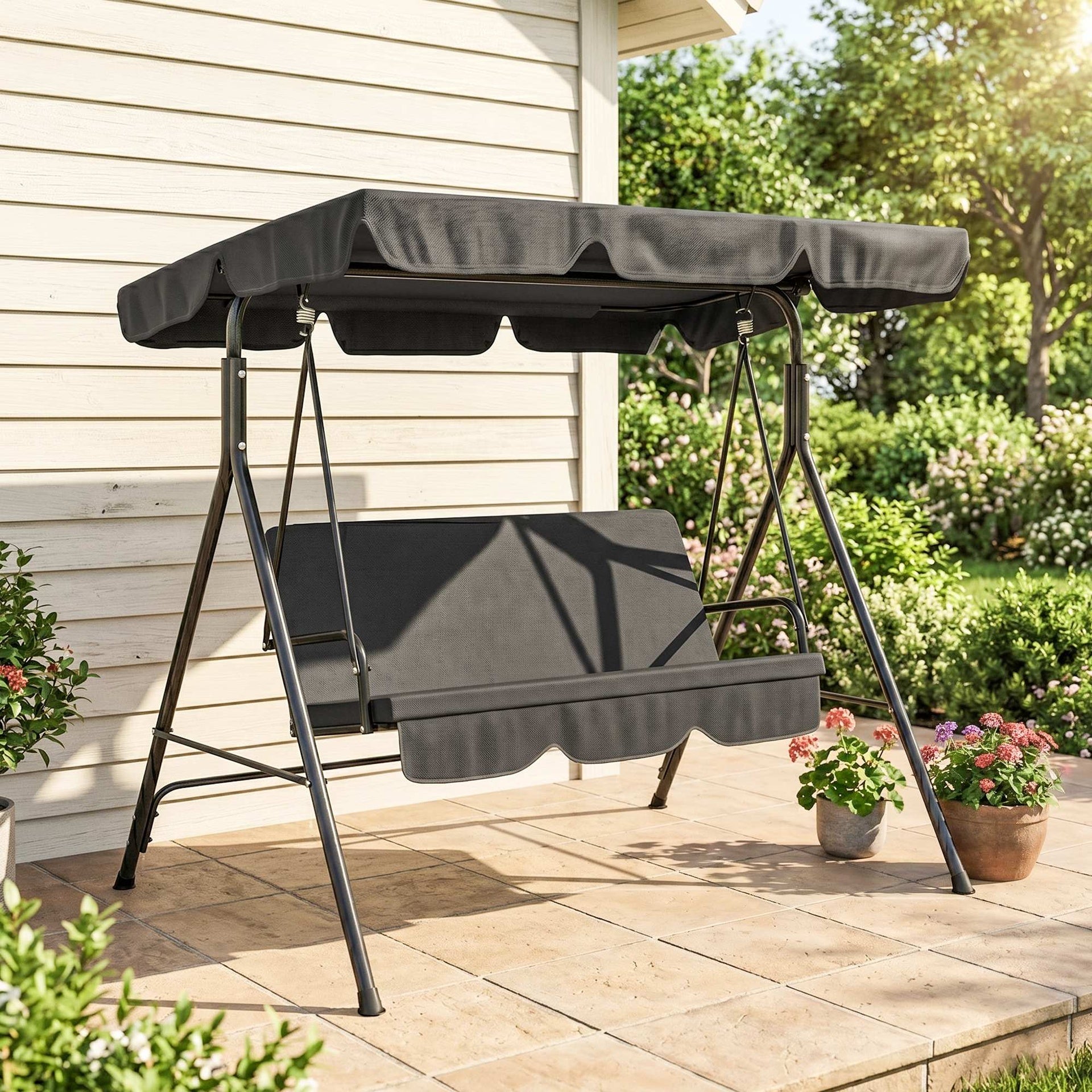 Outsunny 3-Seat Outdoor Patio Swing Chair w/ Cushion, Steel Frame Stand, Adjustable Tilt Canopy for Patio, Garden, Black 2