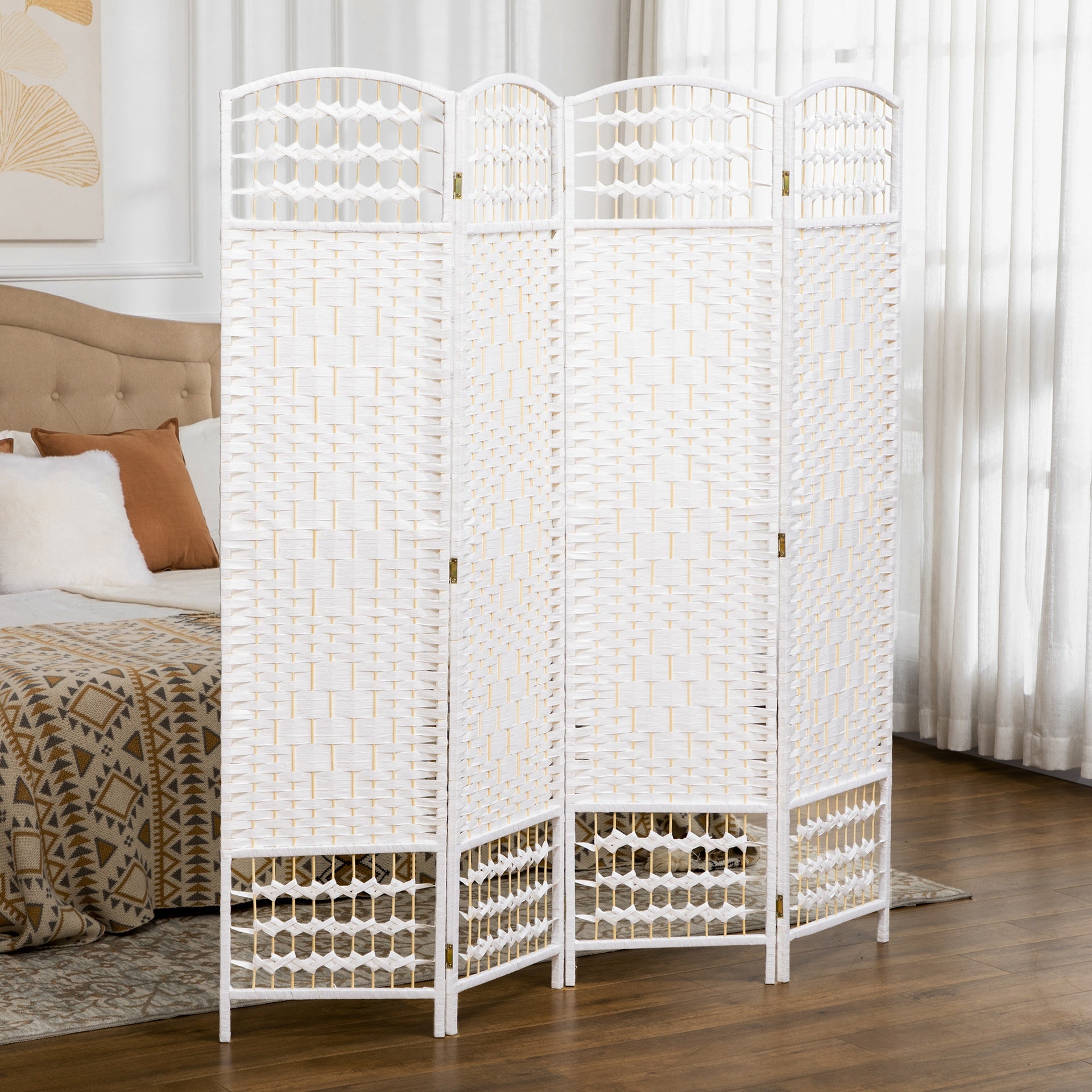 HOMCOM 4 Panel Folding Room Divider Portable Privacy Screen Wave Fiber Room Partition for Home Office White