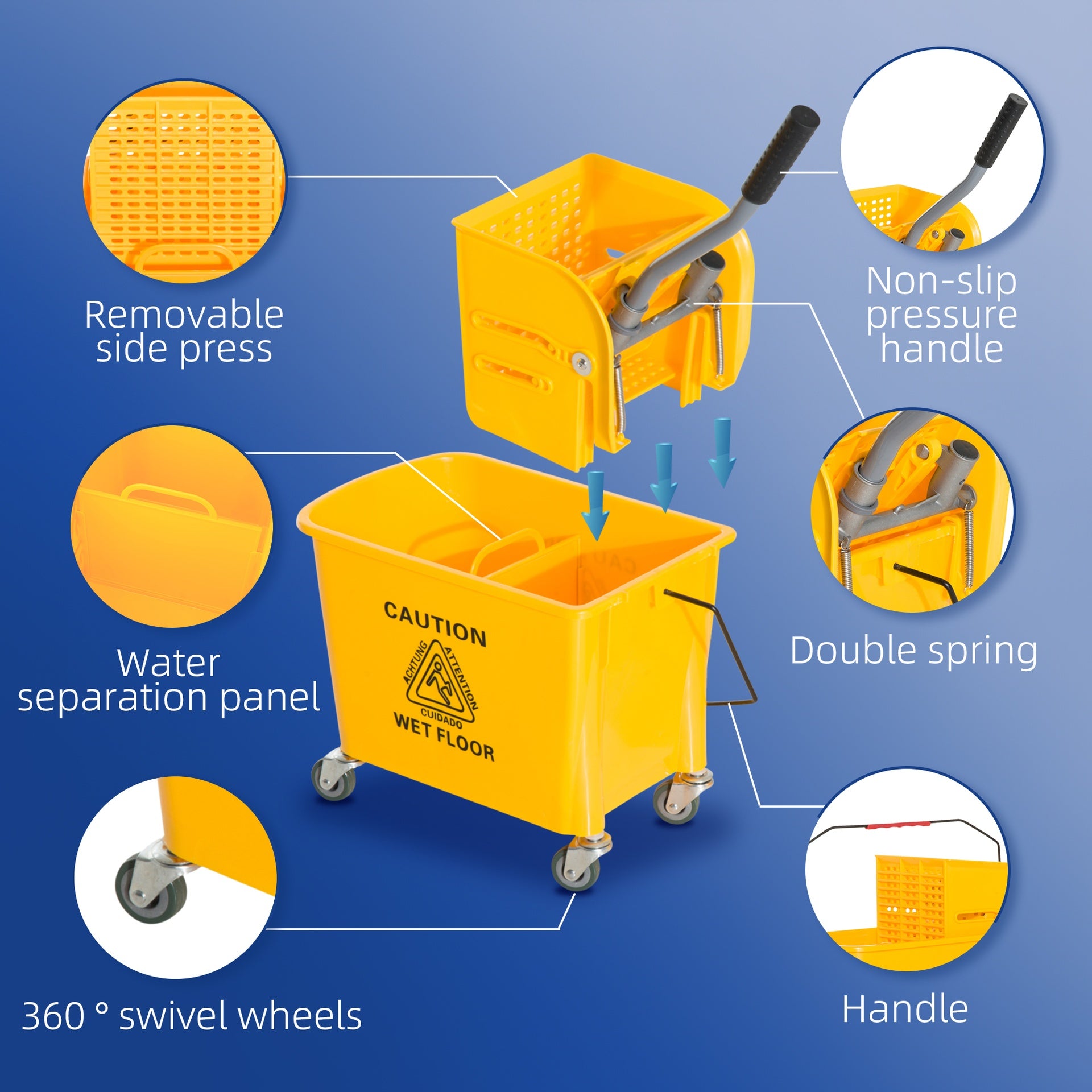 HOMCOM Compact Mop Bucket with Wringer, Mop Bucket on Wheels, 21 Quart, Separate Dirty and Clean Water, Yellow