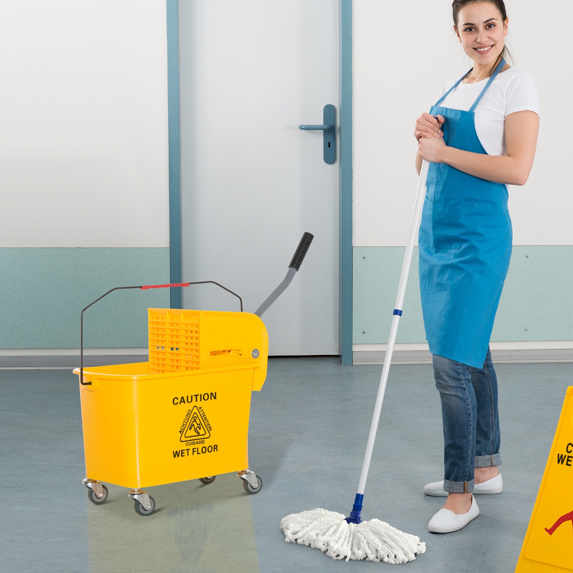 HOMCOM Compact Mop Bucket with Wringer, Mop Bucket on Wheels, 21 Quart, Separate Dirty and Clean Water, Yellow