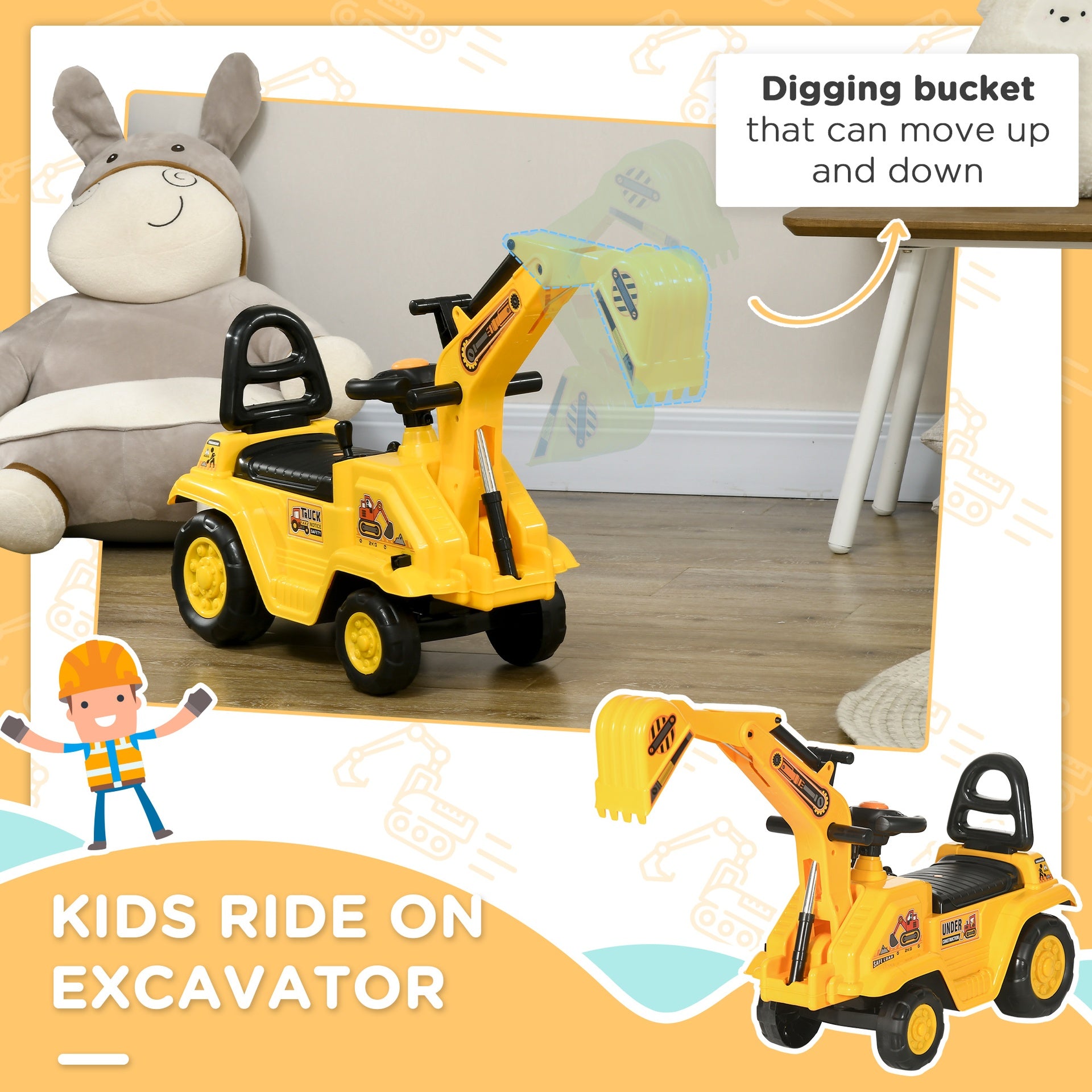 HOMCOM 2 in 1 Ride On Toy Digger Digger Tractor Pulling Cart Pretend Play Construction Truck