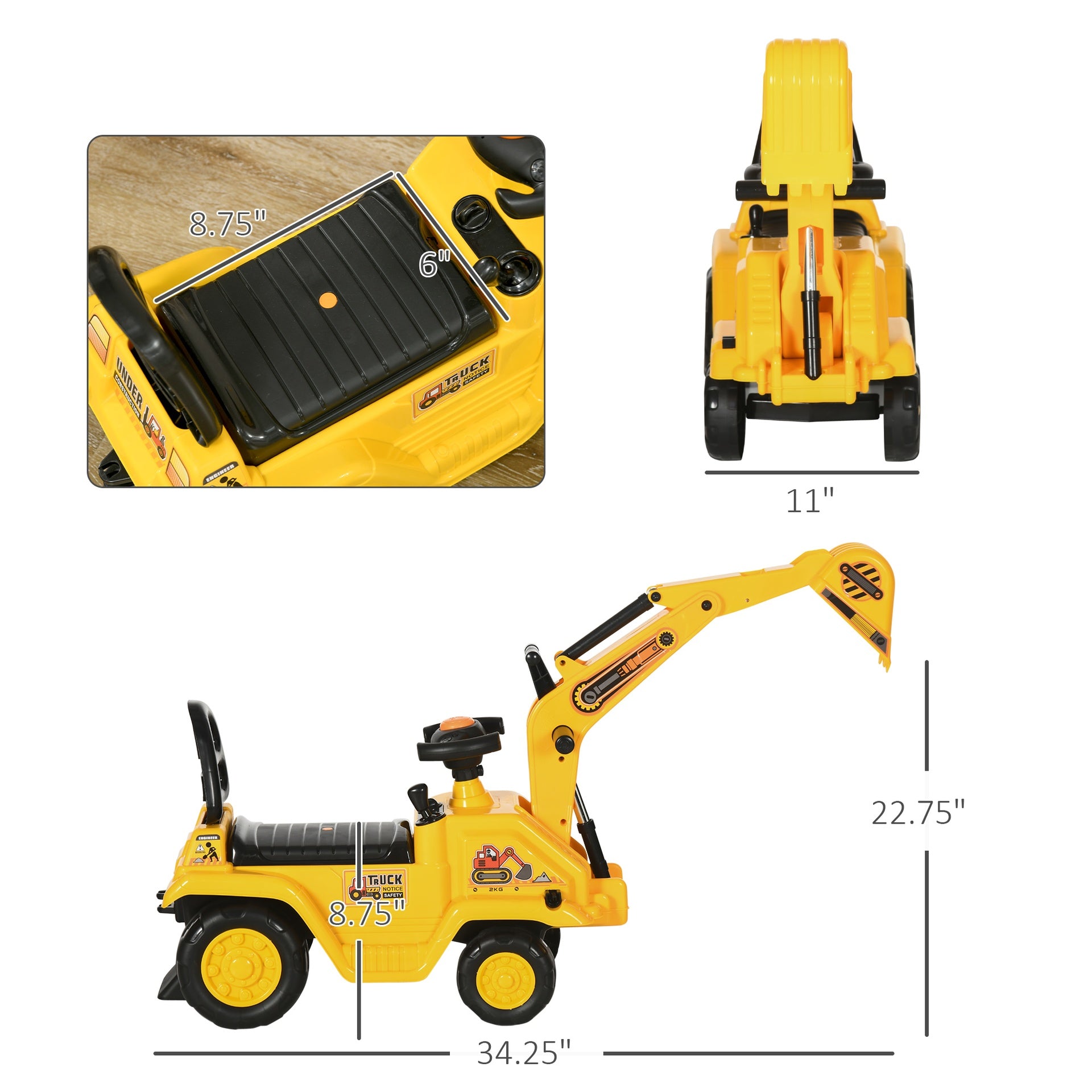HOMCOM 2 in 1 Ride On Toy Digger Digger Tractor Pulling Cart Pretend Play Construction Truck