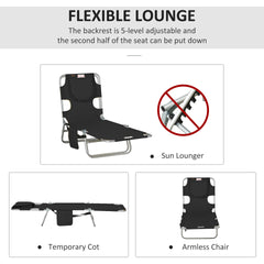 Outsunny Tanning Chair with Face Hole, 5-Level Adjustable Outdoor Chaise Lounge Chair with Pillow for Beach, Pool, Black