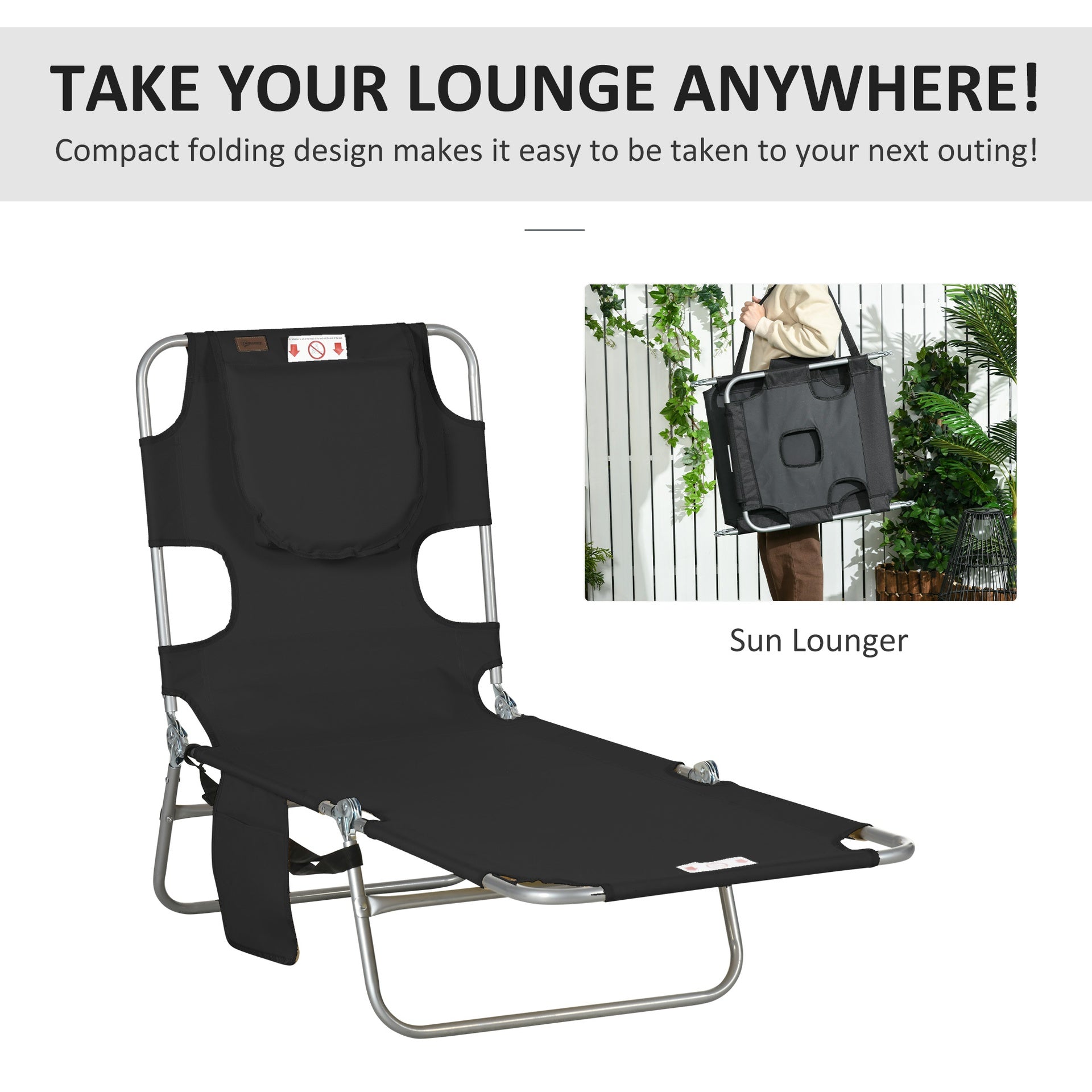 Outsunny Tanning Chair with Face Hole, 5-Level Adjustable Outdoor Chaise Lounge Chair with Pillow for Beach, Pool, Black