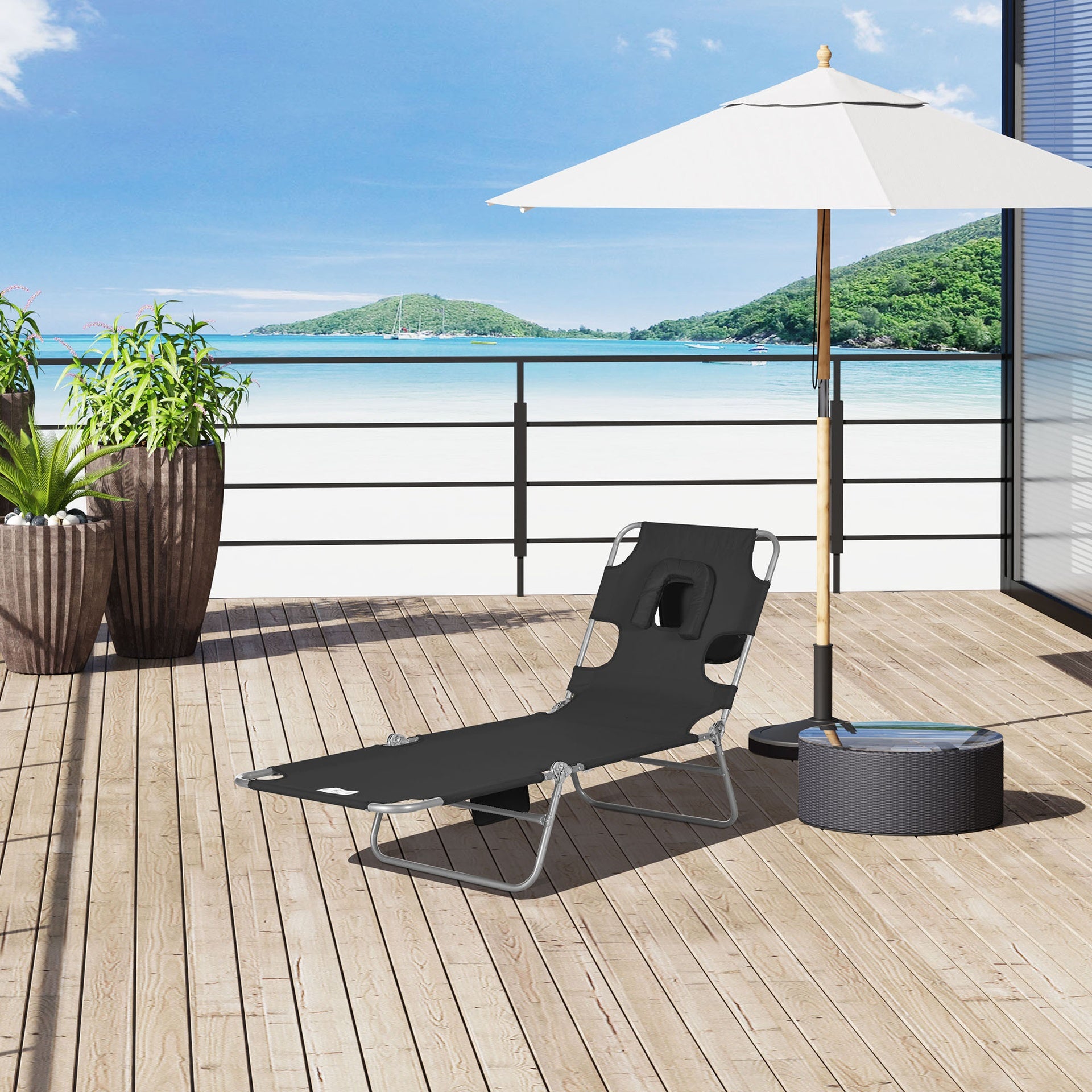 Outsunny Tanning Chair with Face Hole, 5-Level Adjustable Outdoor Chaise Lounge Chair with Pillow for Beach, Pool, Black