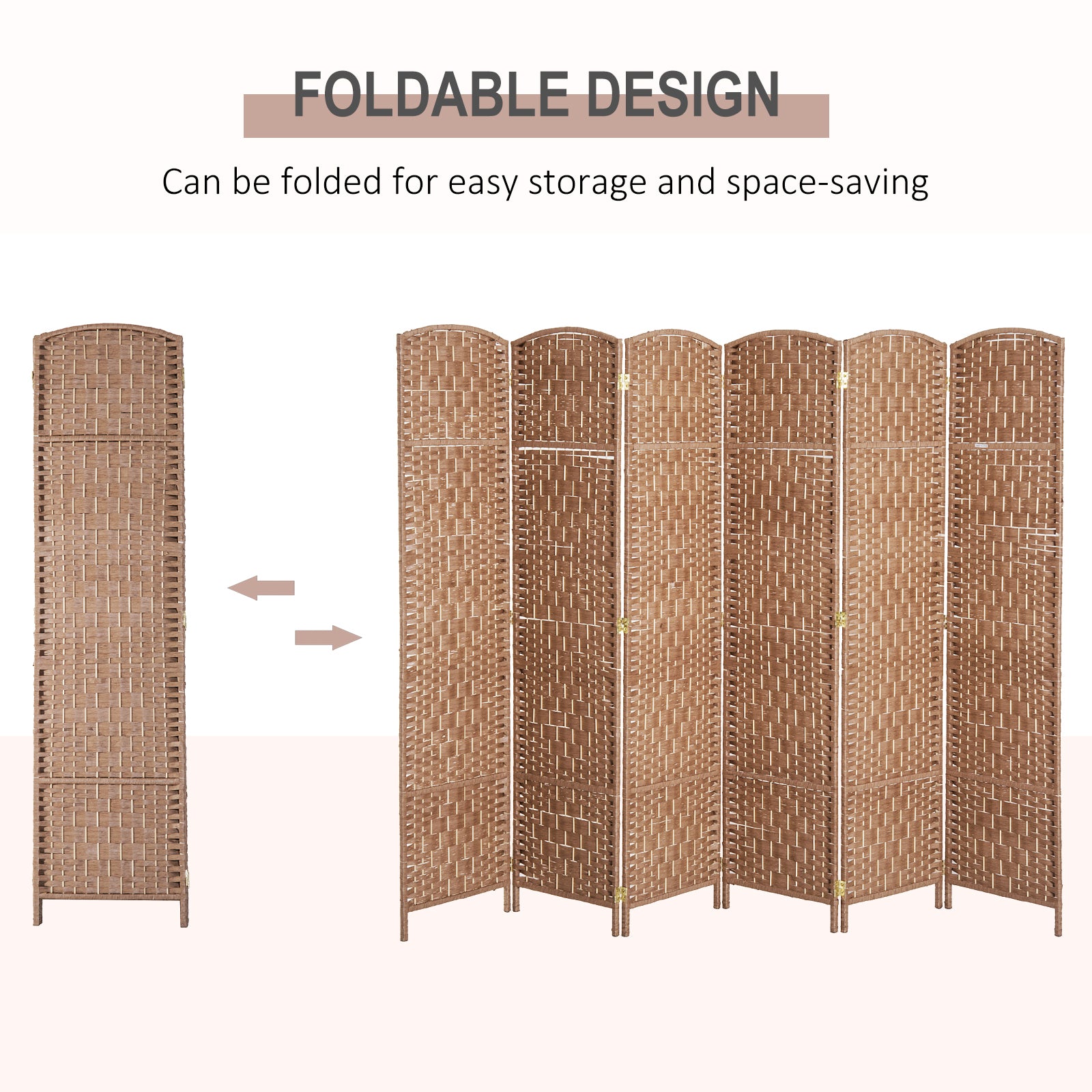 HOMCOM Room Divider 6 Panel, 6FT Tall Folding Privacy Screen, Freestanding Hand-Woven Partition for Room Separation with 360° Hinges, Paper Rope Diamond Weave, Natural