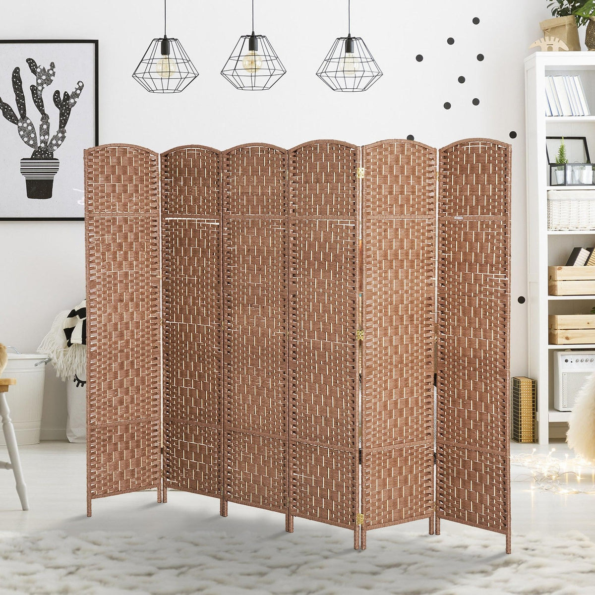 HOMCOM Room Divider 6 Panel, 6FT Tall Folding Privacy Screen, Freestanding Hand-Woven Partition for Room Separation with 360° Hinges, Paper Rope Diamond Weave, Natural