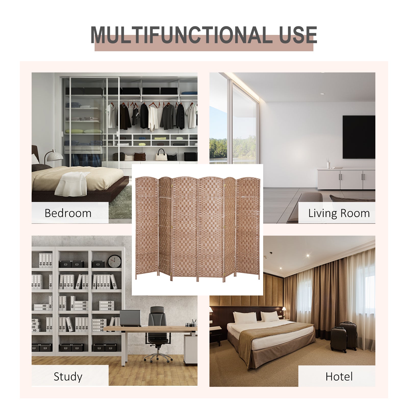 HOMCOM Room Divider 6 Panel, 6FT Tall Folding Privacy Screen, Freestanding Hand-Woven Partition for Room Separation with 360° Hinges, Paper Rope Diamond Weave, Natural