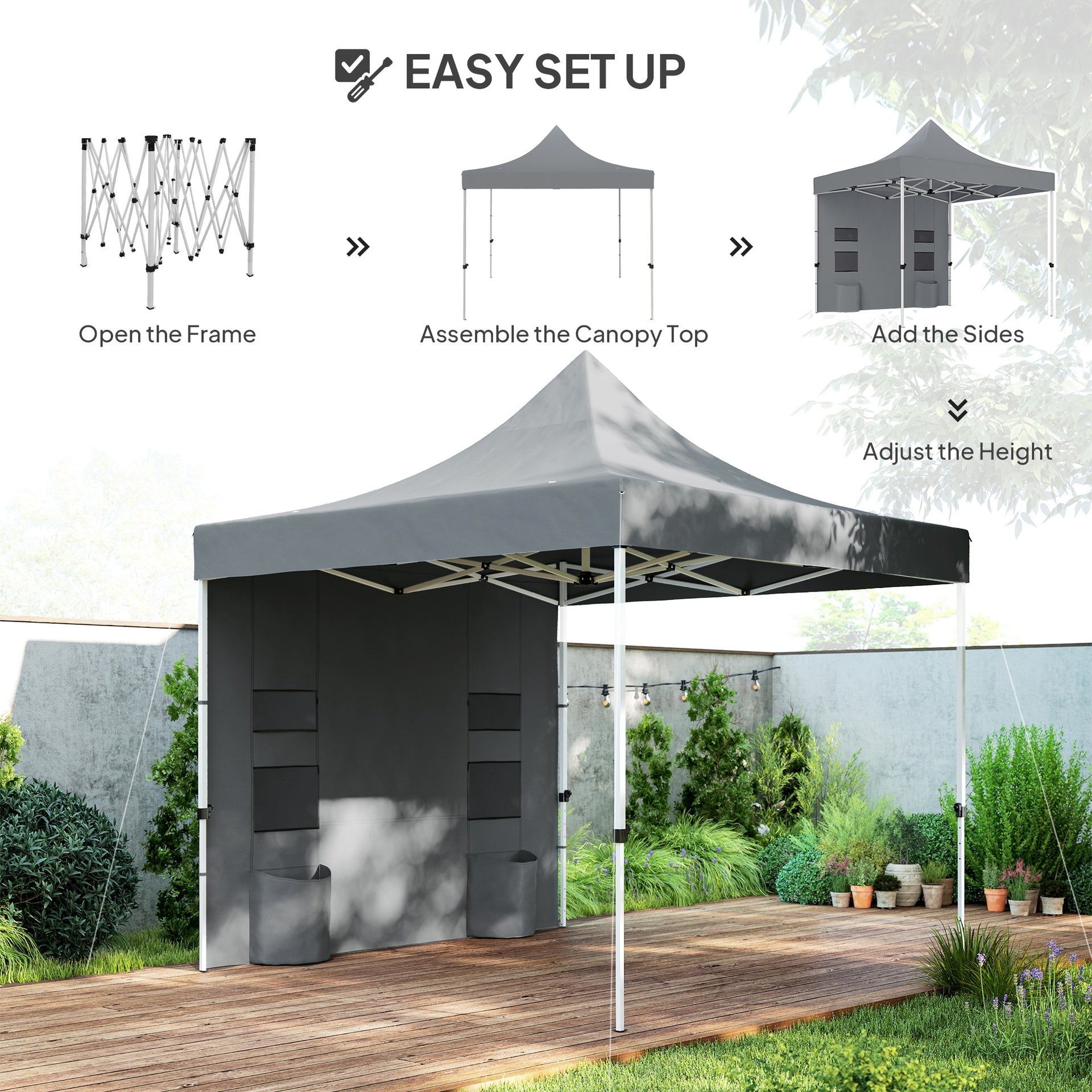 Outsunny 10' x 10' Heavy Duty Pop Up Canopy Tent with Sidewall, UPF50+ Instant Sun Shelter with Storage Pockets, Gray
