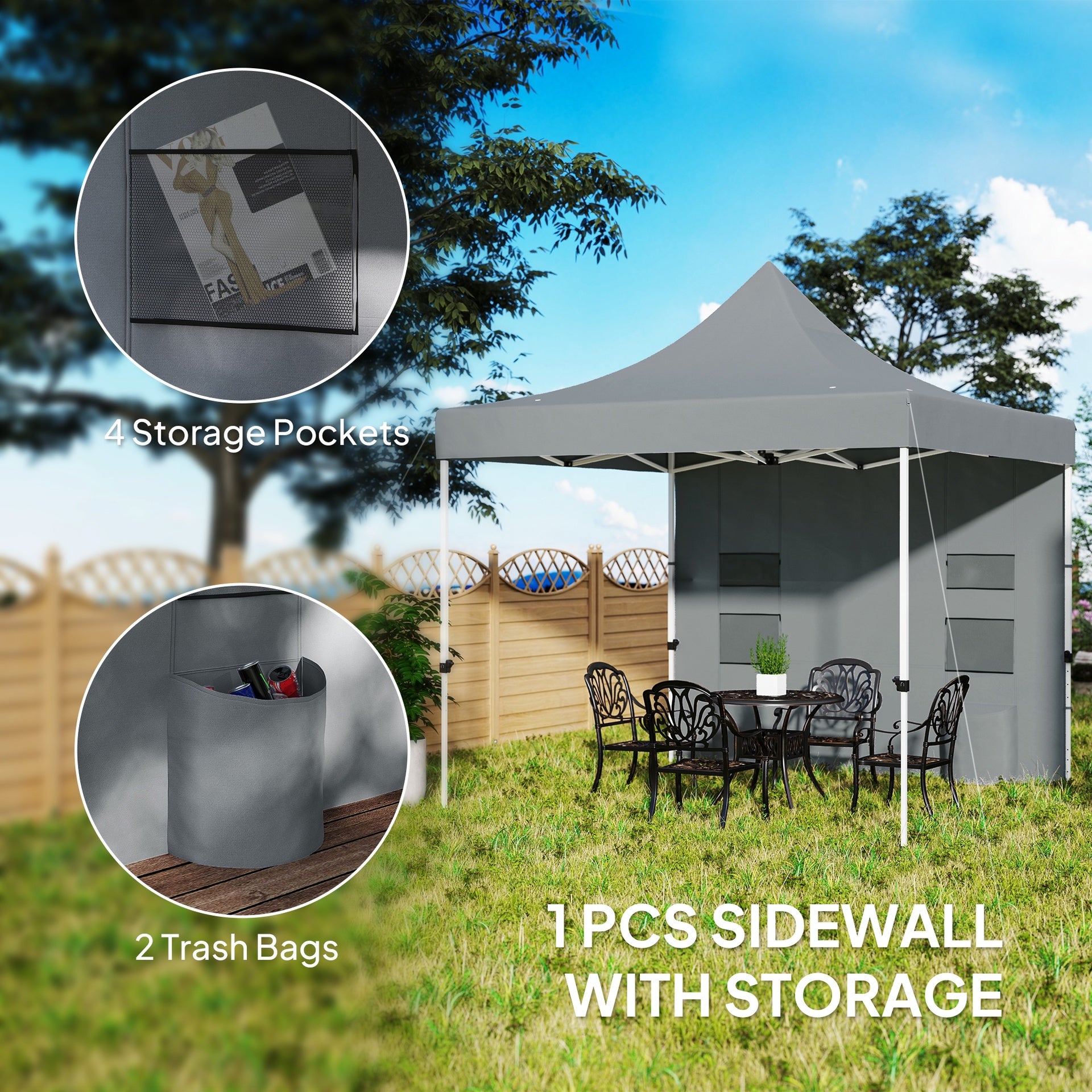 Outsunny 10' x 10' Heavy Duty Pop Up Canopy Tent with Sidewall, UPF50+ Instant Sun Shelter with Storage Pockets, Gray