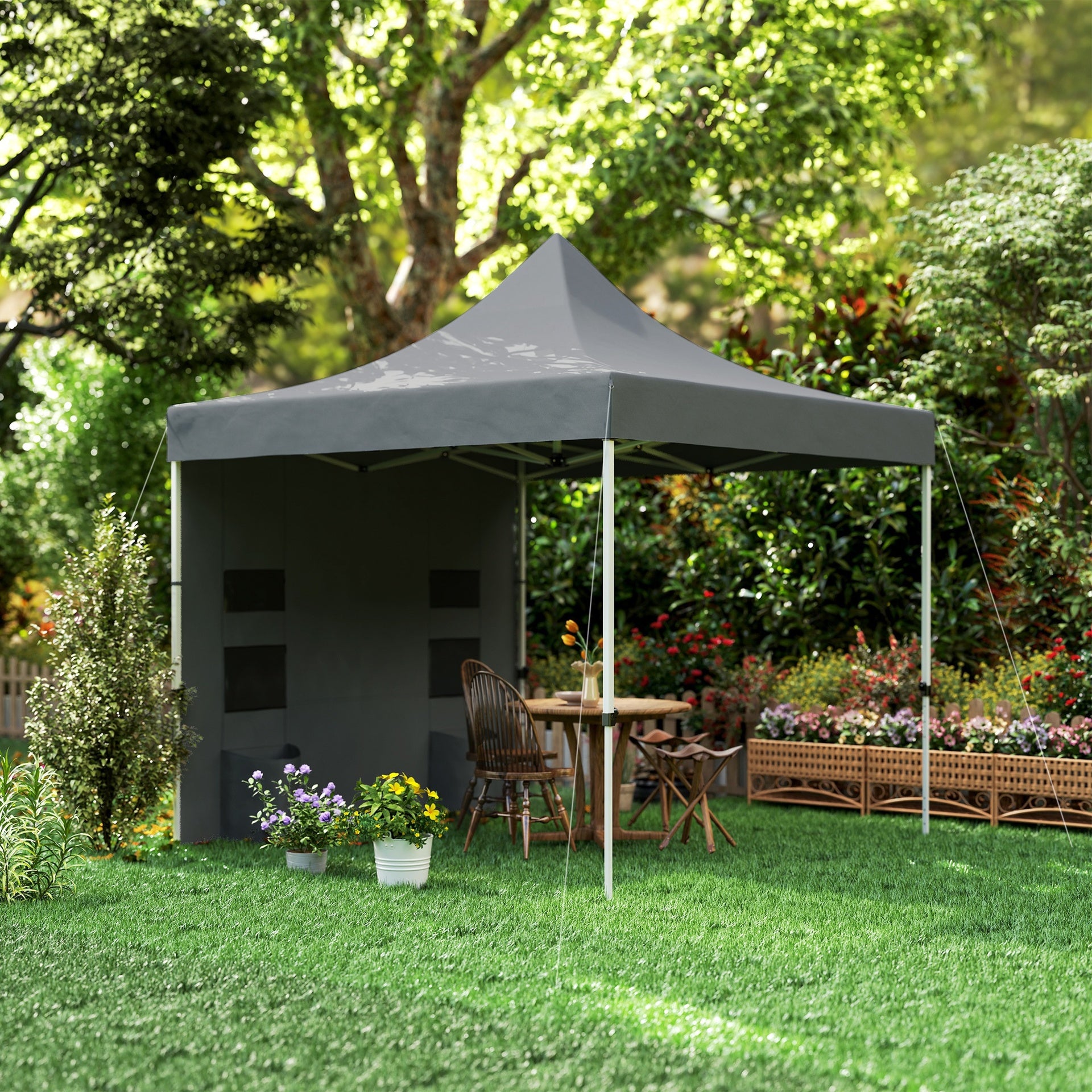 Outsunny 10' x 10' Heavy Duty Pop Up Canopy Tent with Sidewall, UPF50+ Instant Sun Shelter with Storage Pockets, Gray
