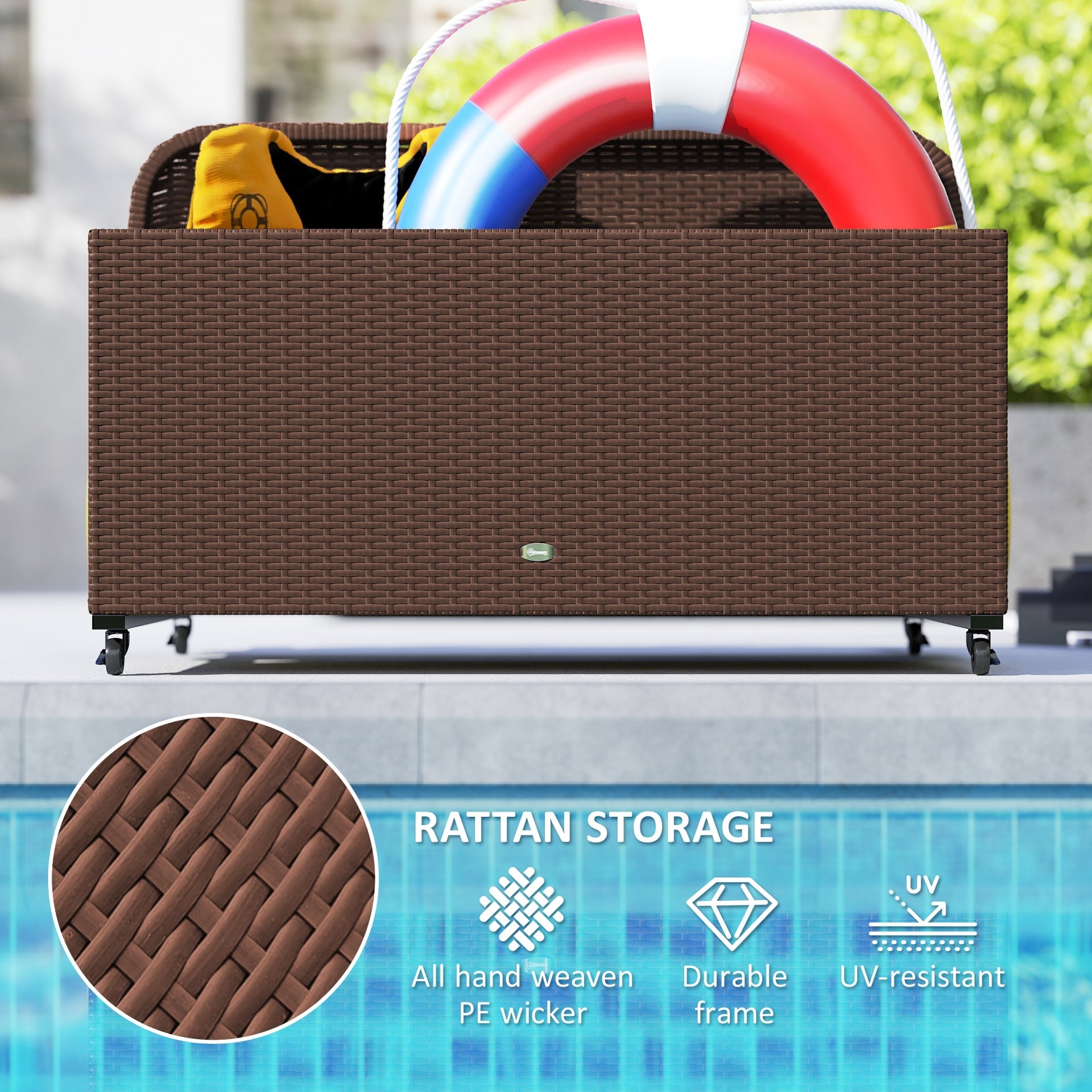 Outsunny PE Rattan Pool Float Storage Organizer with Wheels, Brown