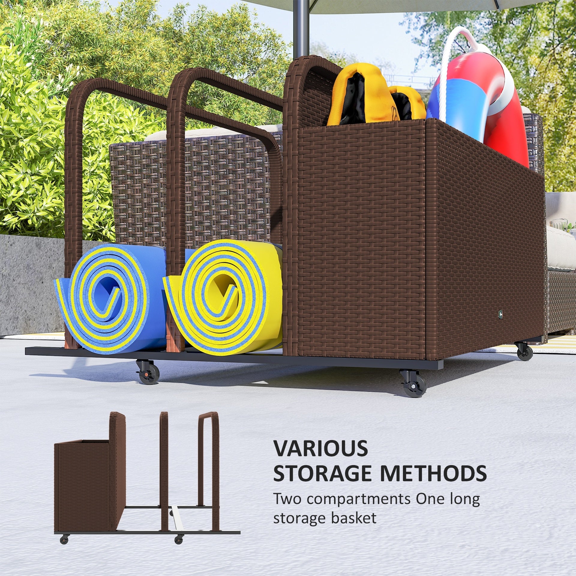 Outsunny PE Rattan Pool Float Storage Organizer with Wheels, Brown