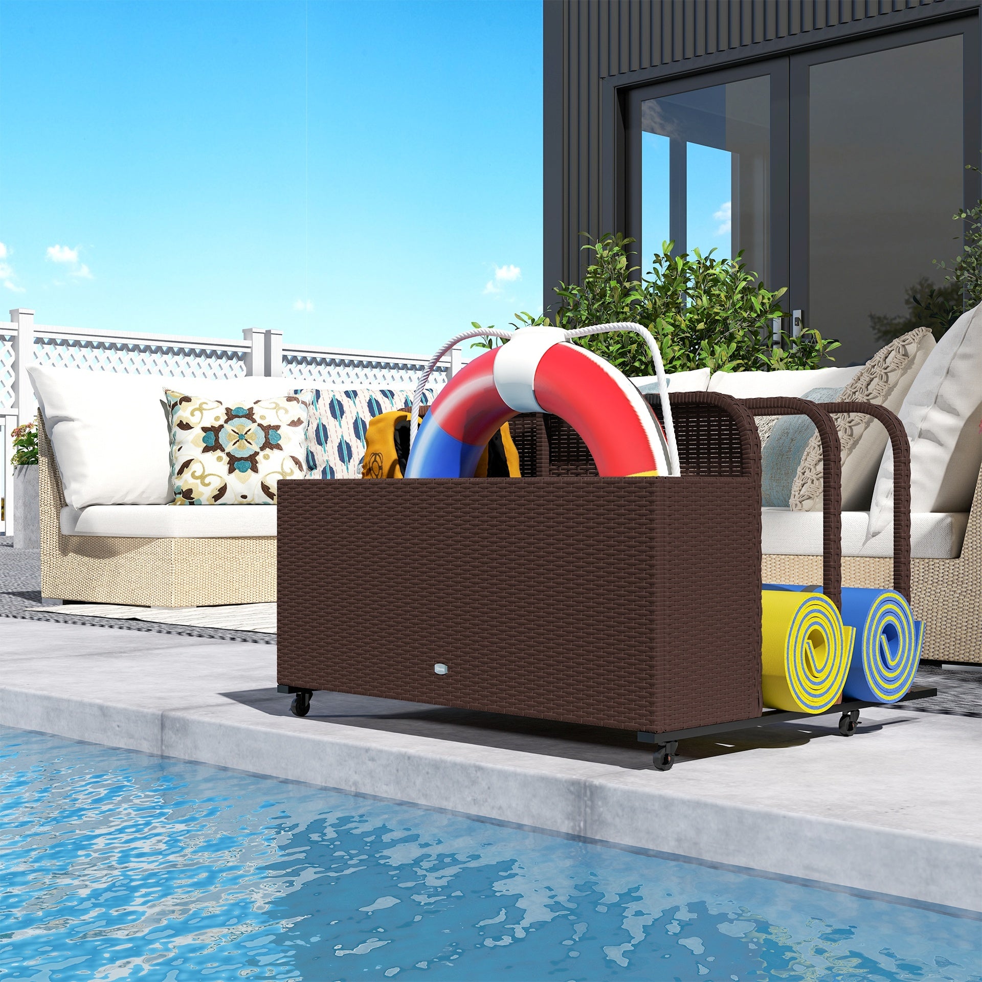 Outsunny PE Rattan Pool Float Storage Organizer with Wheels, Brown